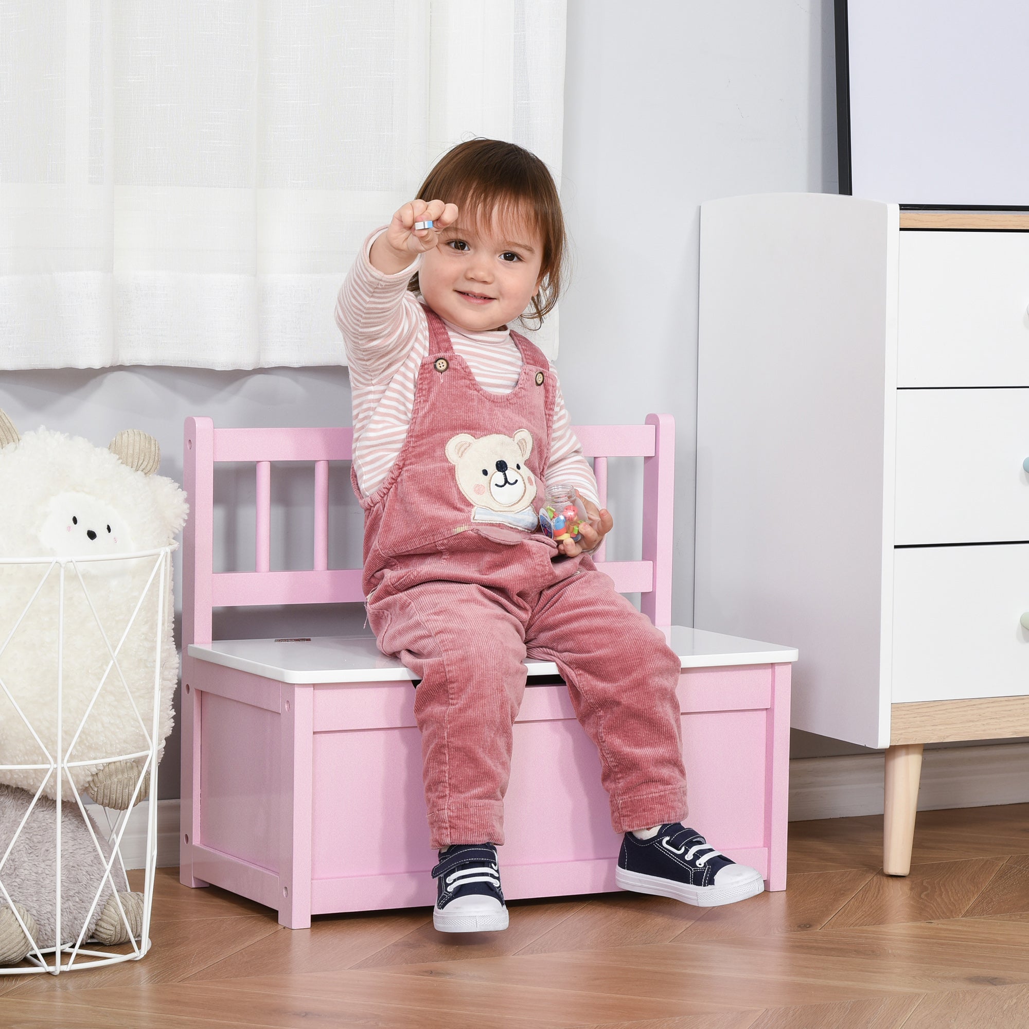 Toy Box Chest, Kids Storage Bench with Large 27 L Interior, Toy Organizer with Top Lid, and Backrest, Kids Bedroom Furniture for Nursery Room, Playroom, Bedroom, 24" x 12" x 20", Pink