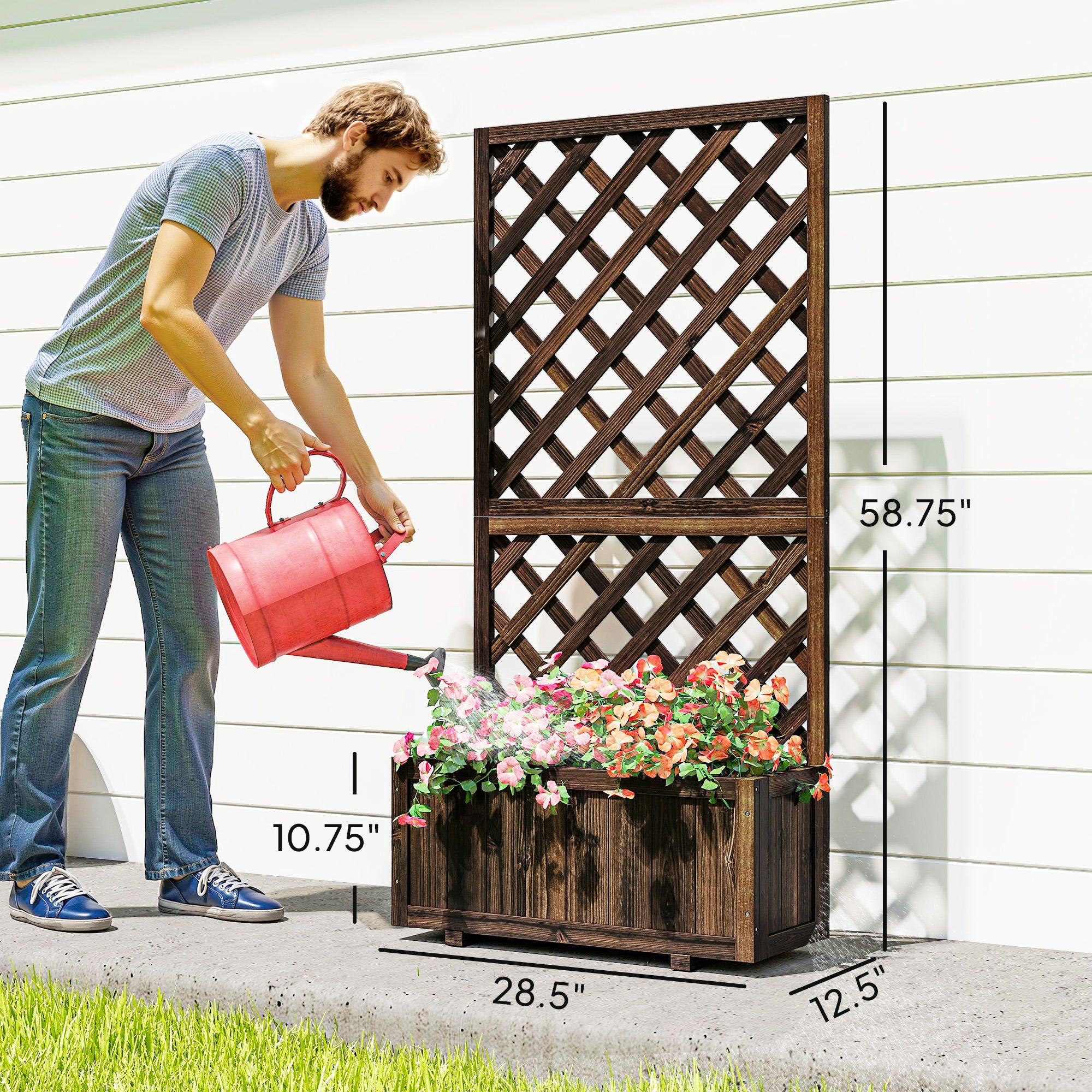 Wooden Raised Garden Bed Planting Planter Box with Trellis and Drain Holes for Climbing Vine Plants, Brown