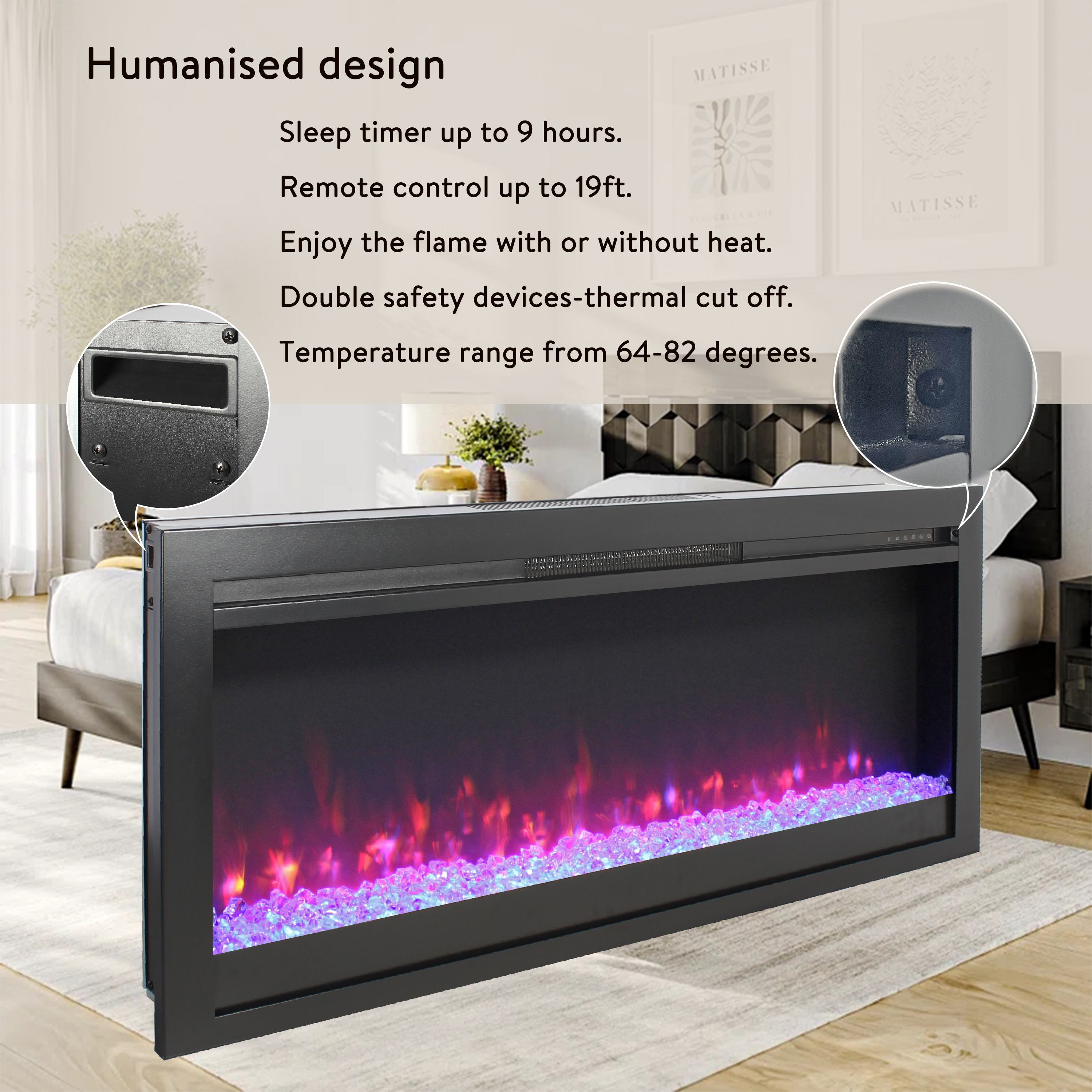 44" Remote In-Wall/Recessed Electric Fireplace with Multi-Color Flame, Ember Bed, and LED Light Heater, CSA/UL Certified, Antique Black