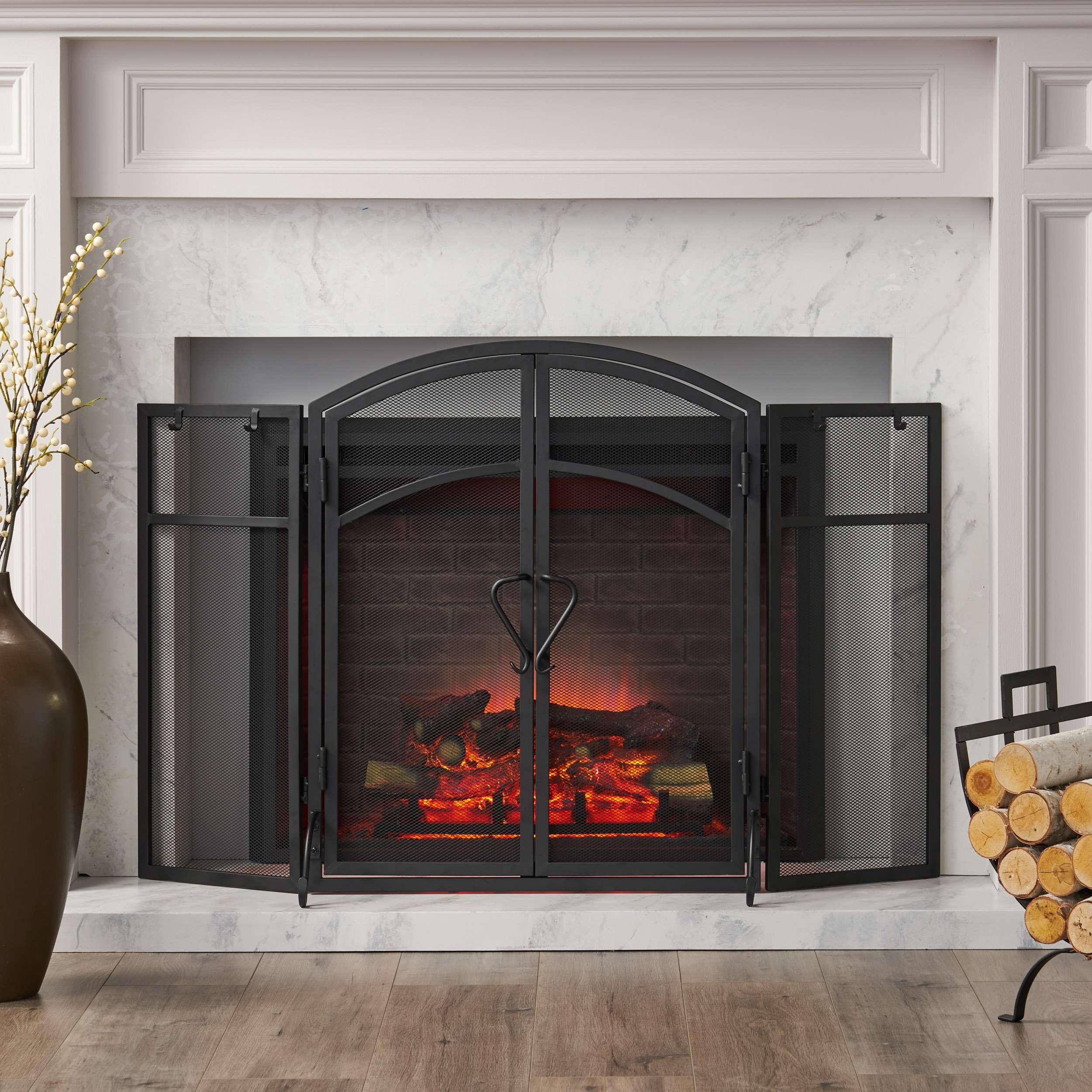 Iron Folding Fireplace Screen with Doors and 4-Piece Tool Set, Matte Finish, 50.5" x 5.5" x 32", Matte Black