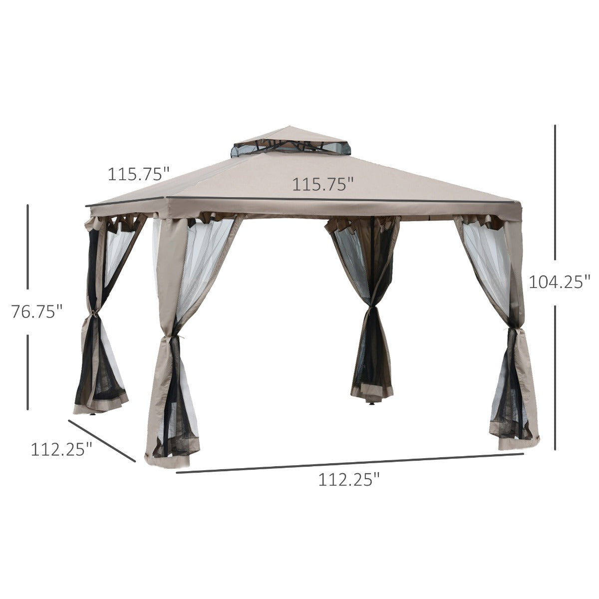 10' x 10' Gazebo Tent, Double Roof Outdoor Canopy Shelter, with Netting Fabric and Vented Roof, Steel Corner Frame for Garden, Lawn, Backyard, Taupe