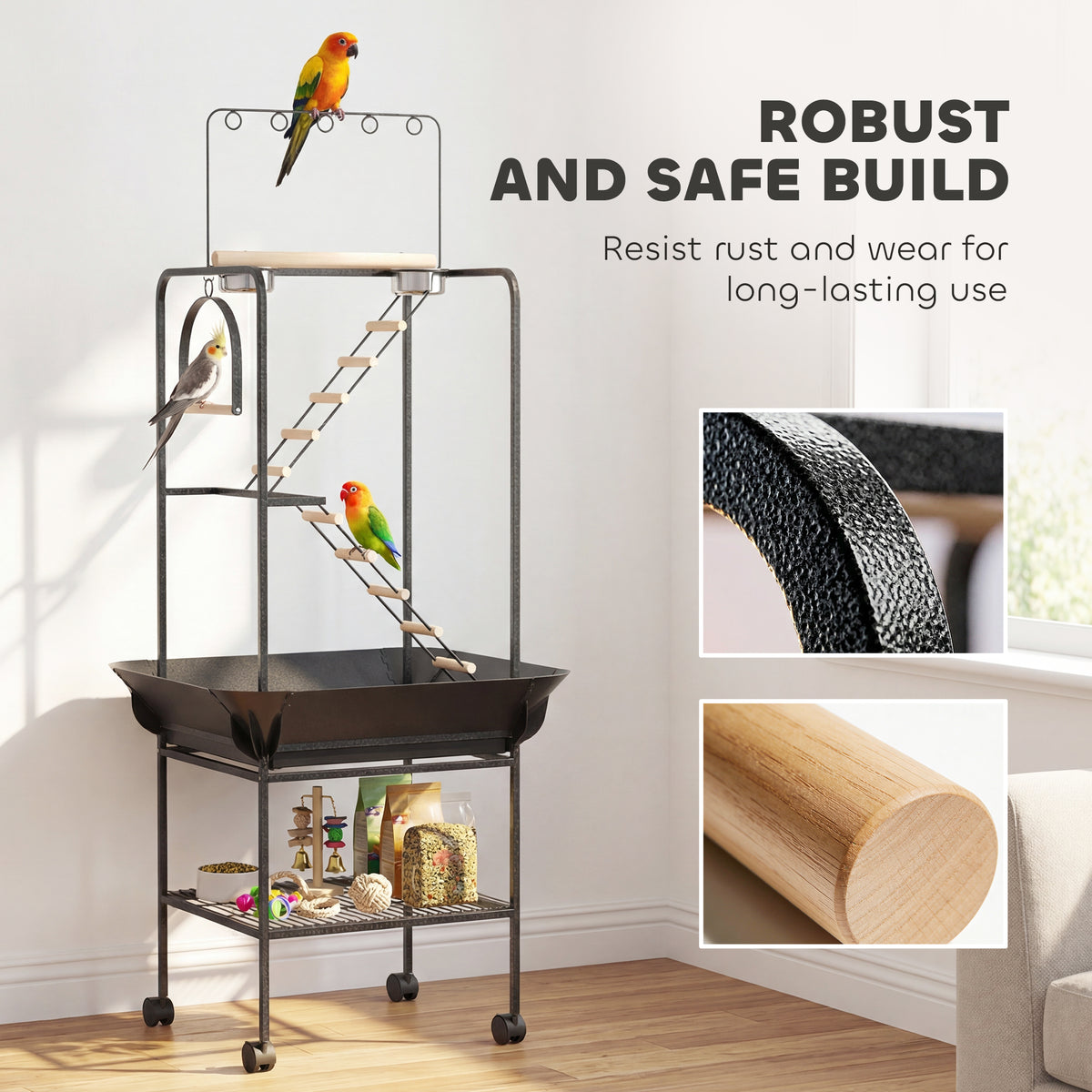 64"H Rolling Bird Playground Parrot Stand with Seed Guard & Wheels, Ladders, Swing, Toy Hook & Bowls