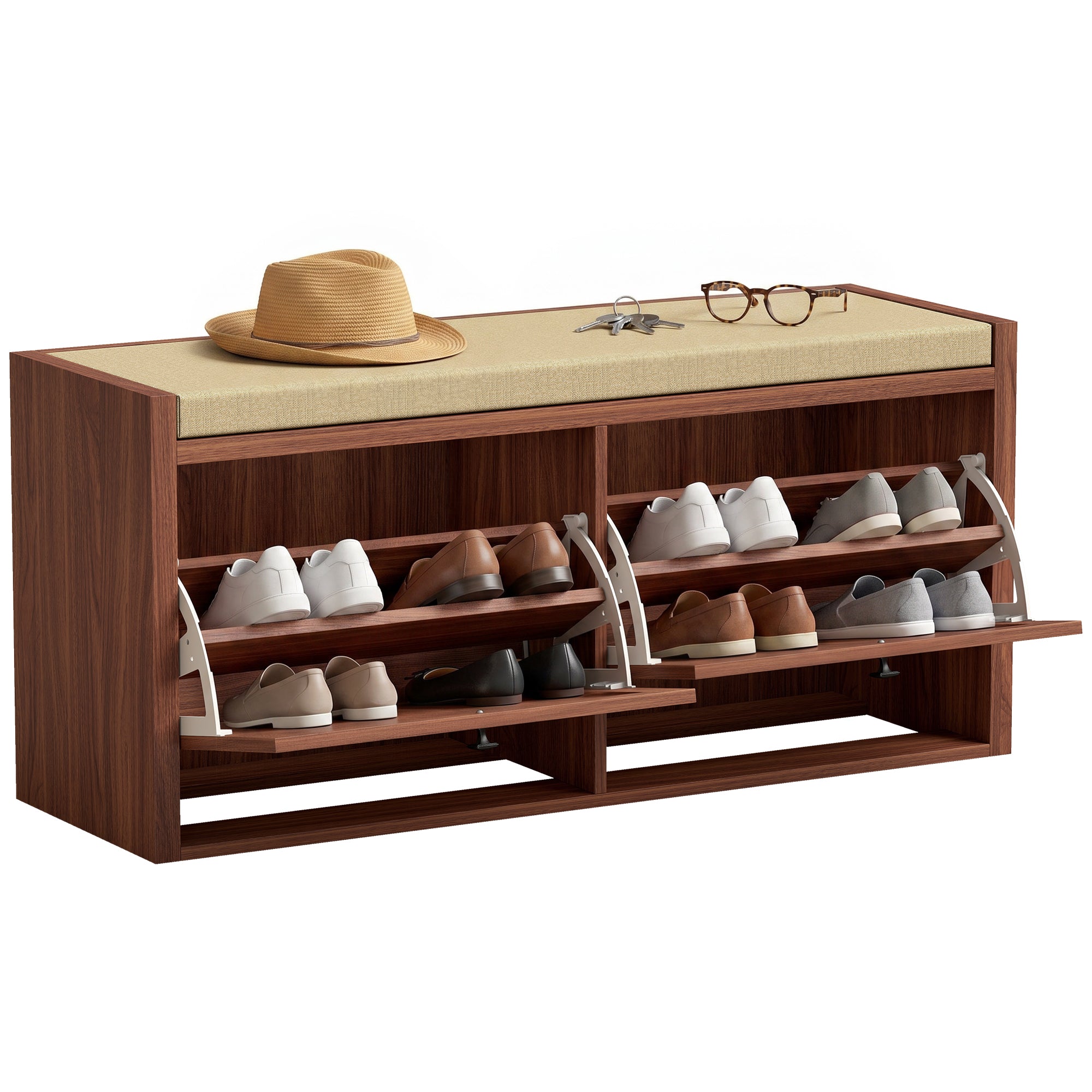 Shoe Storage Bench with Padded Seat, Shoe Storage Bench 2 Rattan Doors for Entryway, Brown