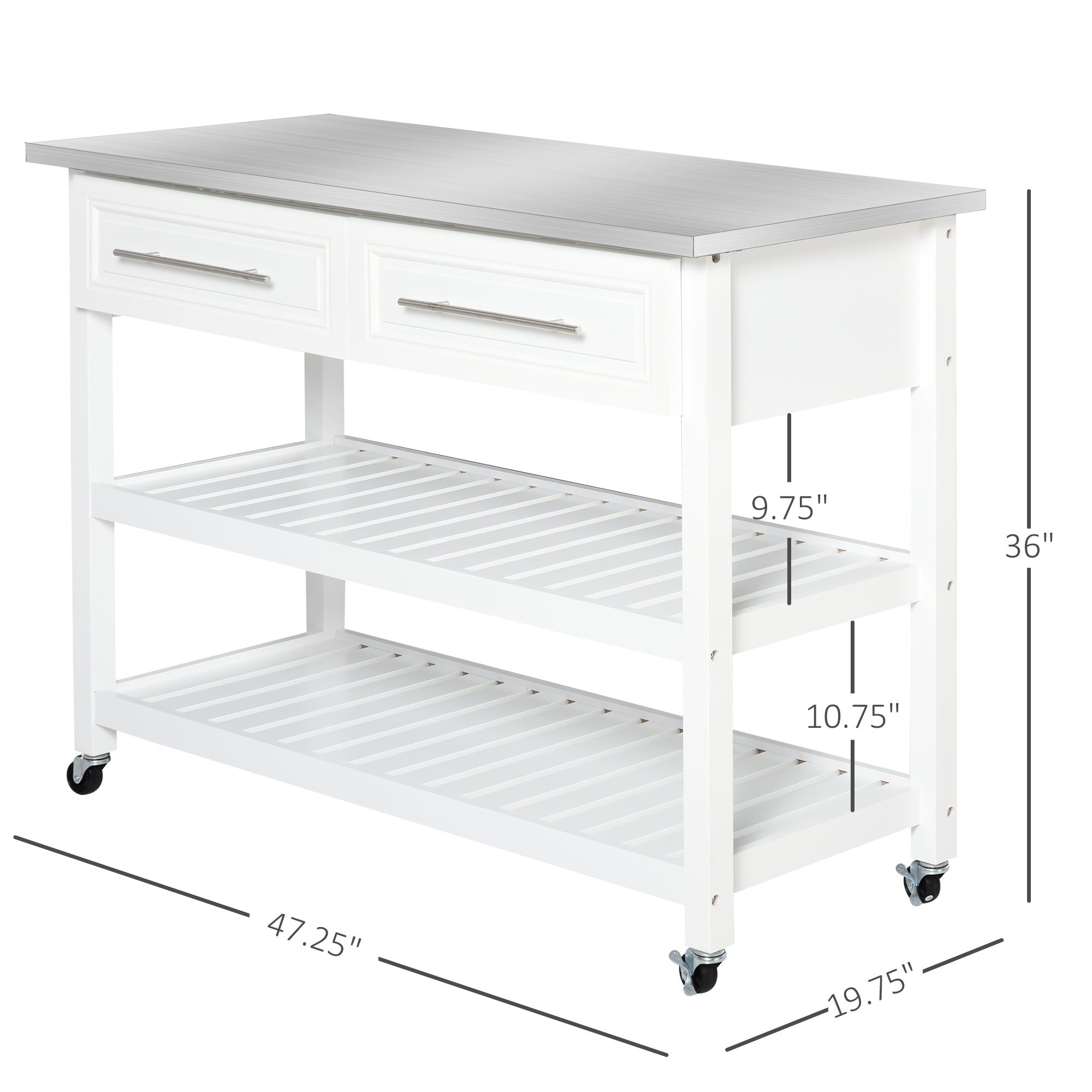 Kitchen Island with Stainless Steel Top, Traditional Kitchen Island with Storage, Butcher Block Cart 2-Tier Open Shelves, Drawers, White
