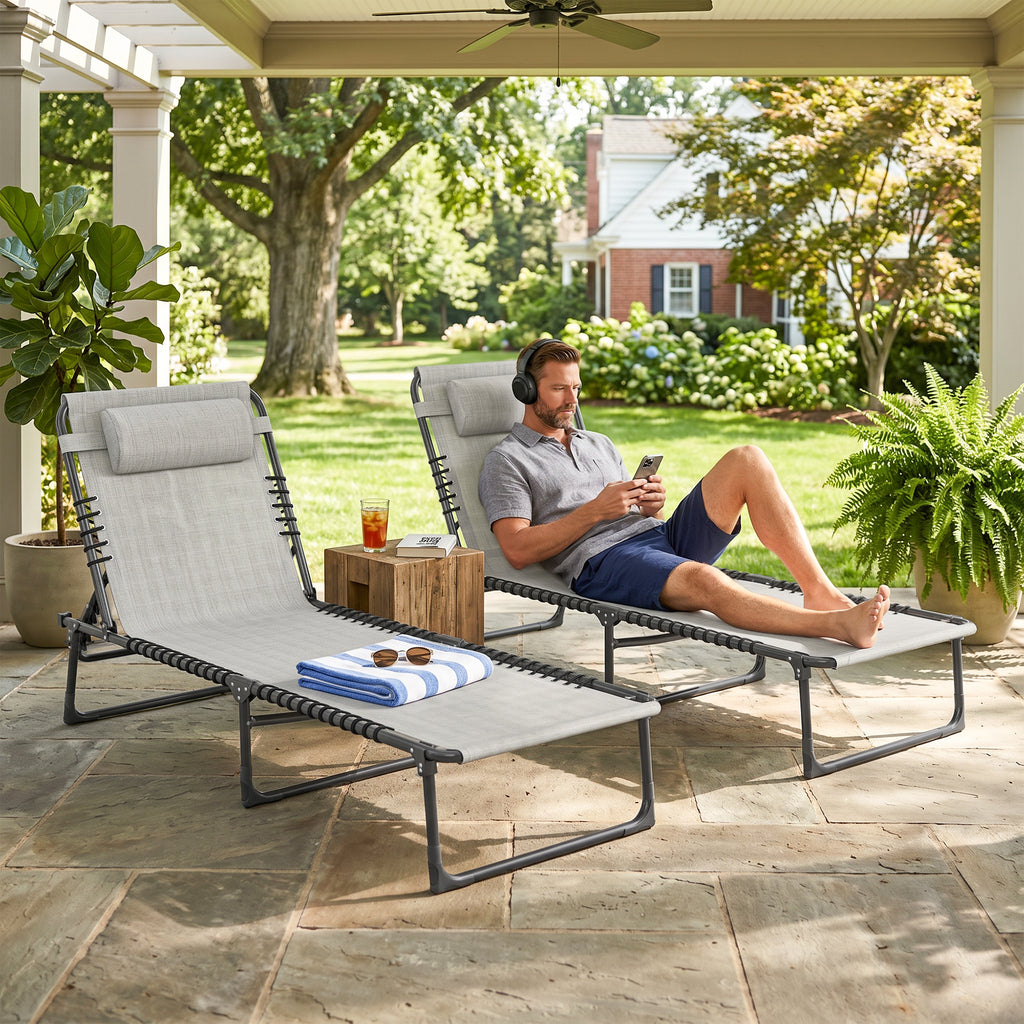 2 Folding Chaise Lounge Pool Chairs with 4-Position Reclining Back, Pillow, Breathable Mesh & Bungee Seat, Dark Blue
