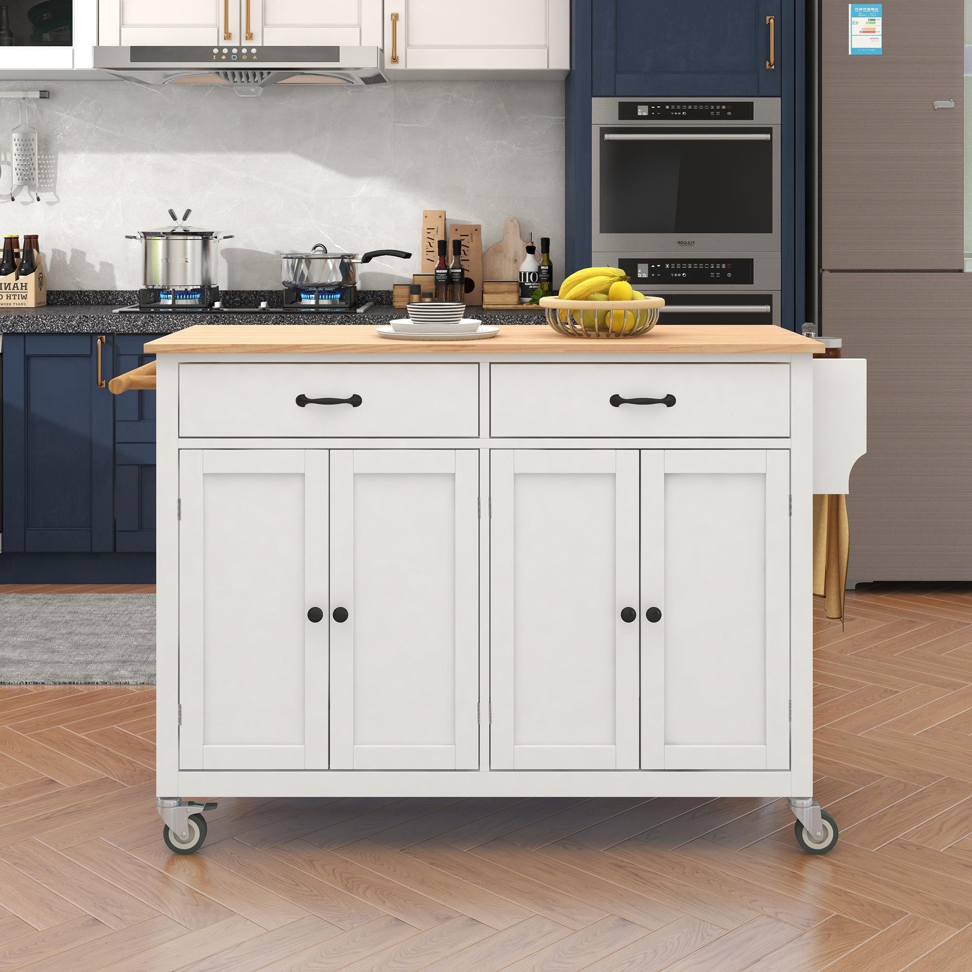 Kitchen Island Cart with 4-Door Cabinet, 2 Drawers, Solid Wood Top, Spice and Towel Racks, Locking Wheels, 54.5" L x 18.5" W x 36" H, White
