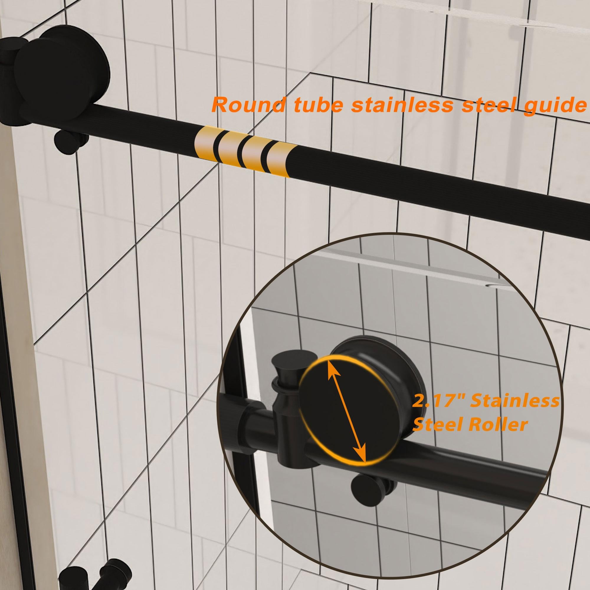 Frameless Sliding Shower Door with Smooth Quiet Stainless Steel Rollers & Round Tracks, Panel for Bathroom, 60" L x 0.5" W x 60" H, Matte Black