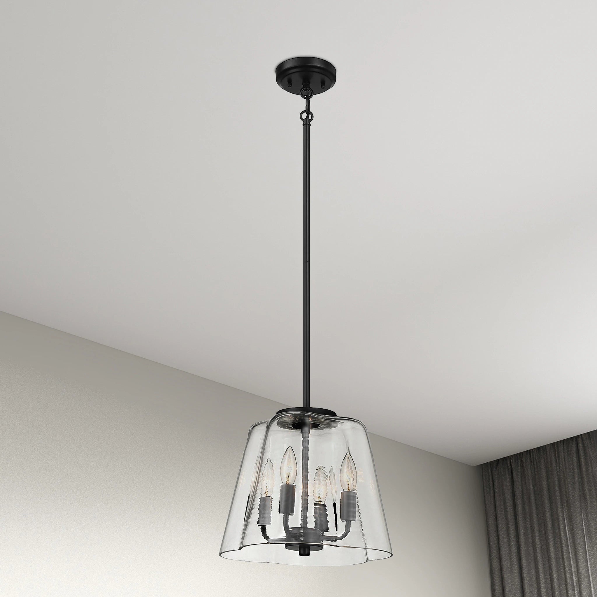 Modern Four Candle Lights Pendant with Sleek Black Finish, Clear Glass Shade, Ideal for Living Room, Bedroom, 13" L x 13" W x 11" H, Black+Clear