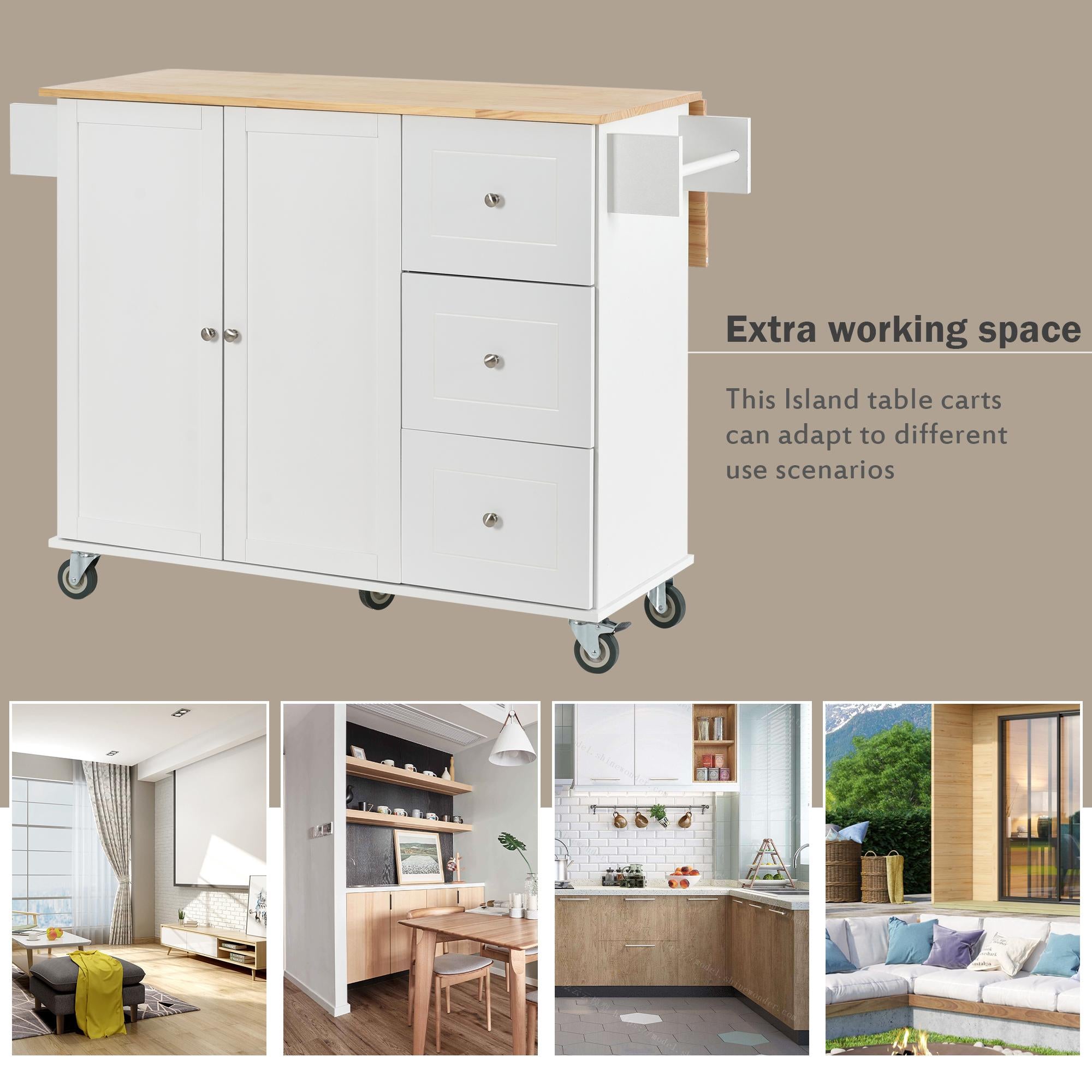 Kitchen Island with Wood Top, Locking Wheels, Racks and Drawers, Central Island with Drop Leaf Breakfast Bar, 53" L x 29.5" W x 37" H, White