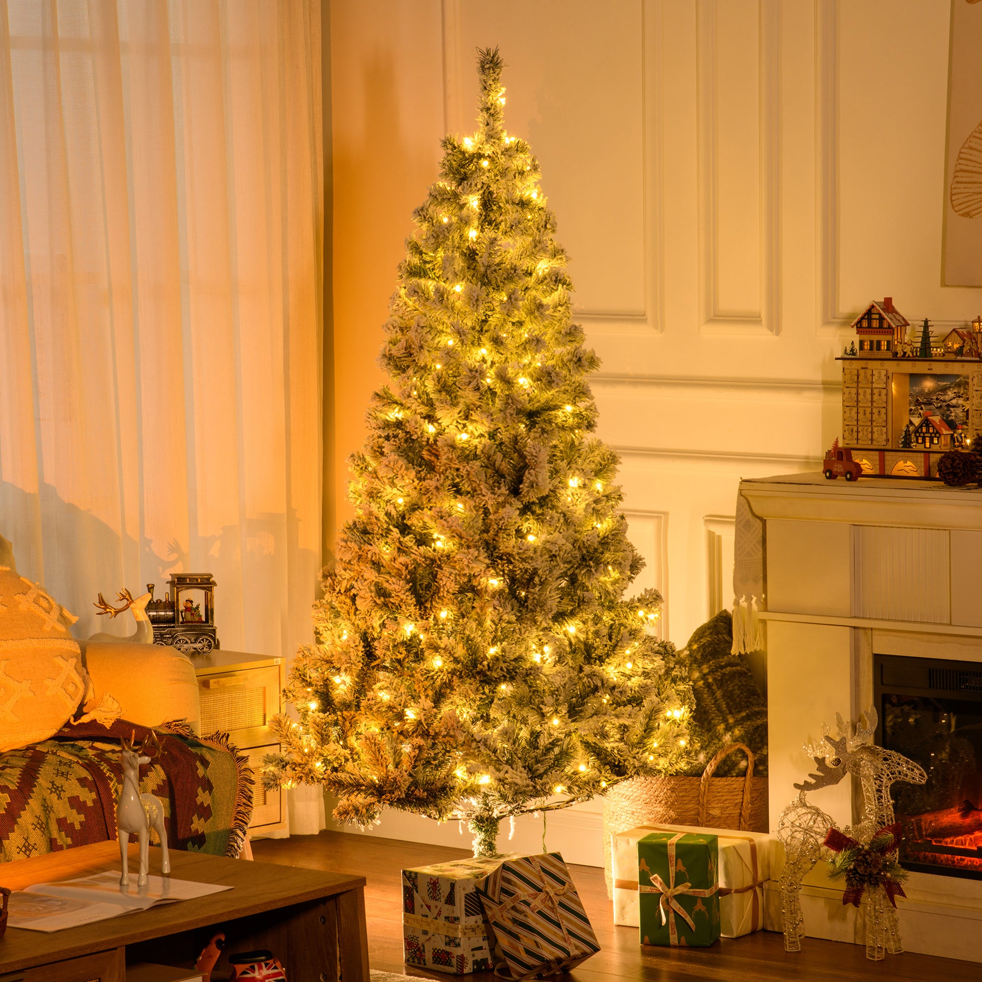 6' Prelit Artificial Flocked Christmas Trees, with Snow Frosted Branches, Warm White LED Lights, Auto Open