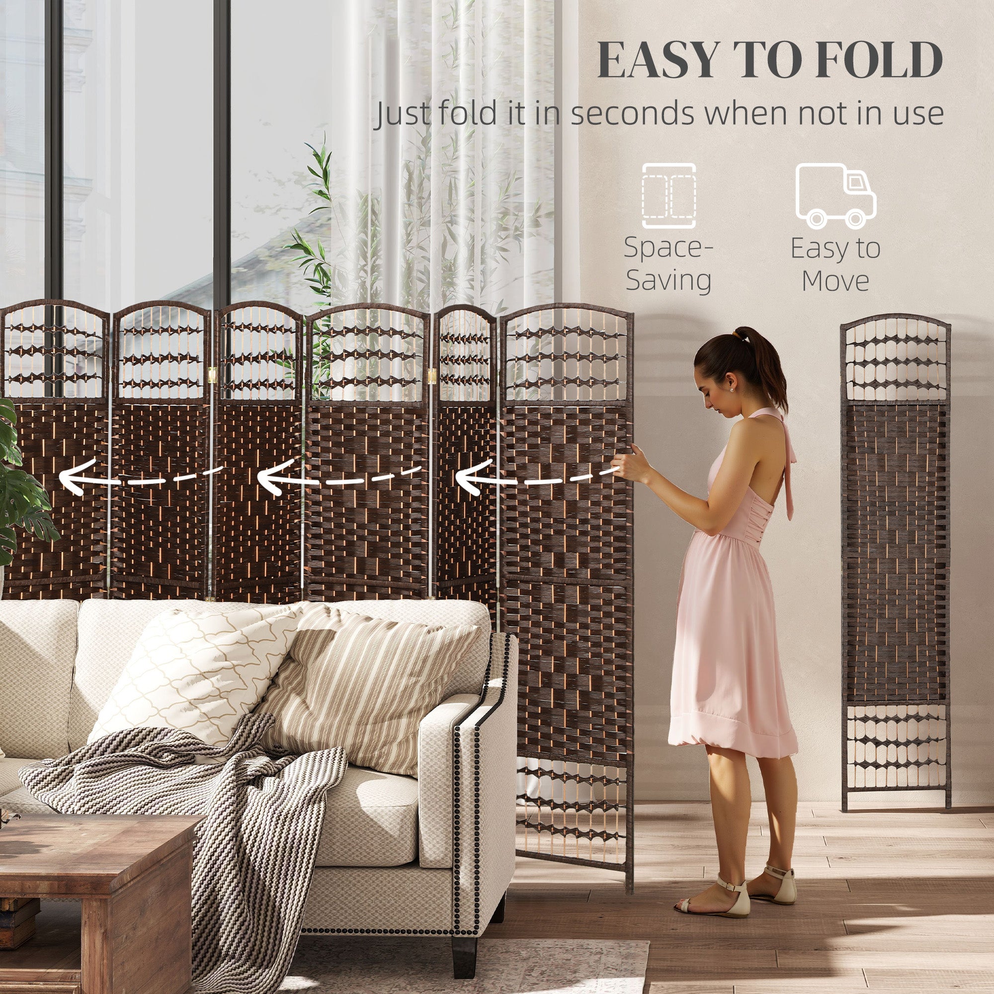 8 Panel Folding Room Divider Portable Privacy Screen Wave Fiber Room Partition for Home Office Brown