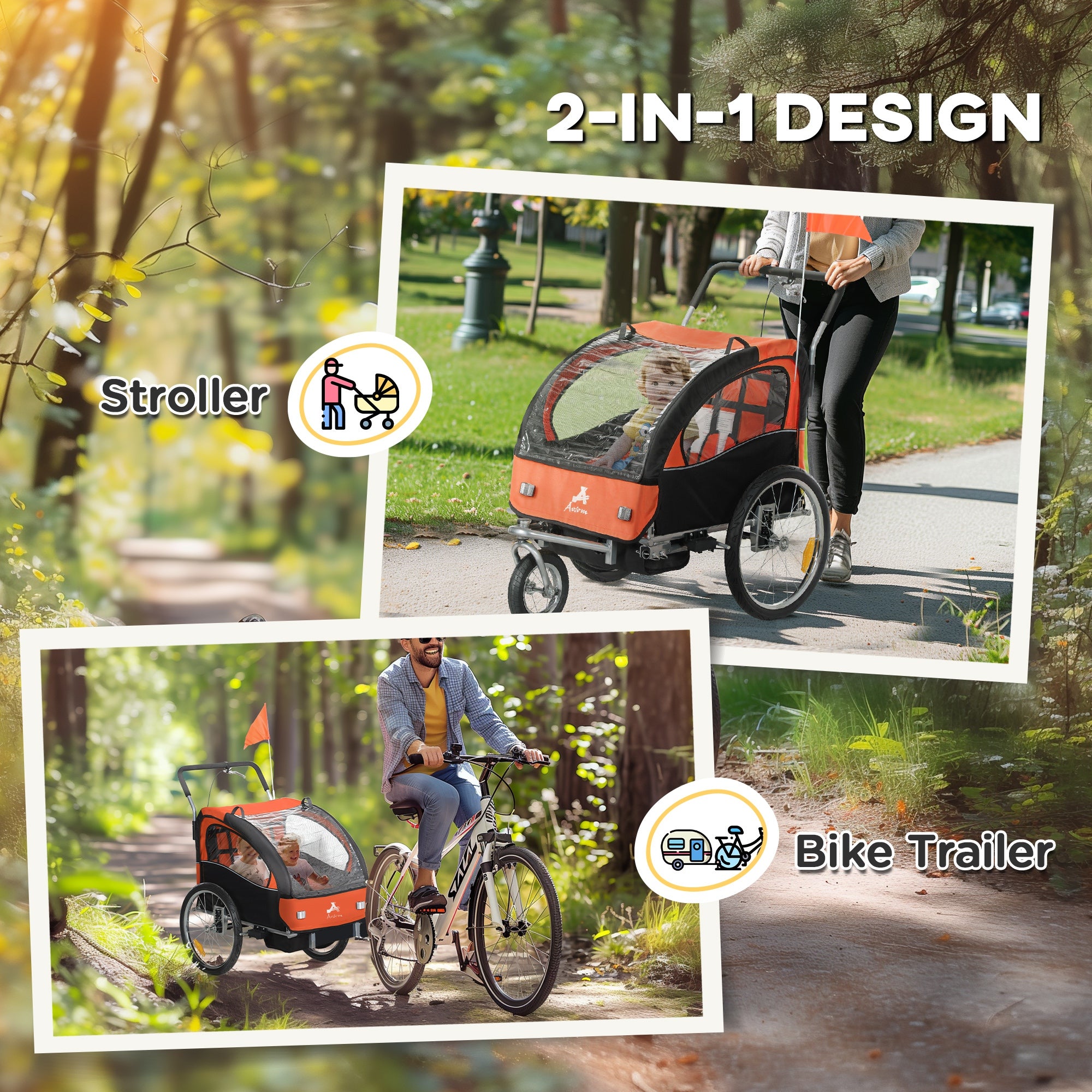 2-Seat Elite 360 Swivel Bike Trailer for Kids Bicycle Cargo Trailer with Water-Resistant Windows, Black and Orange