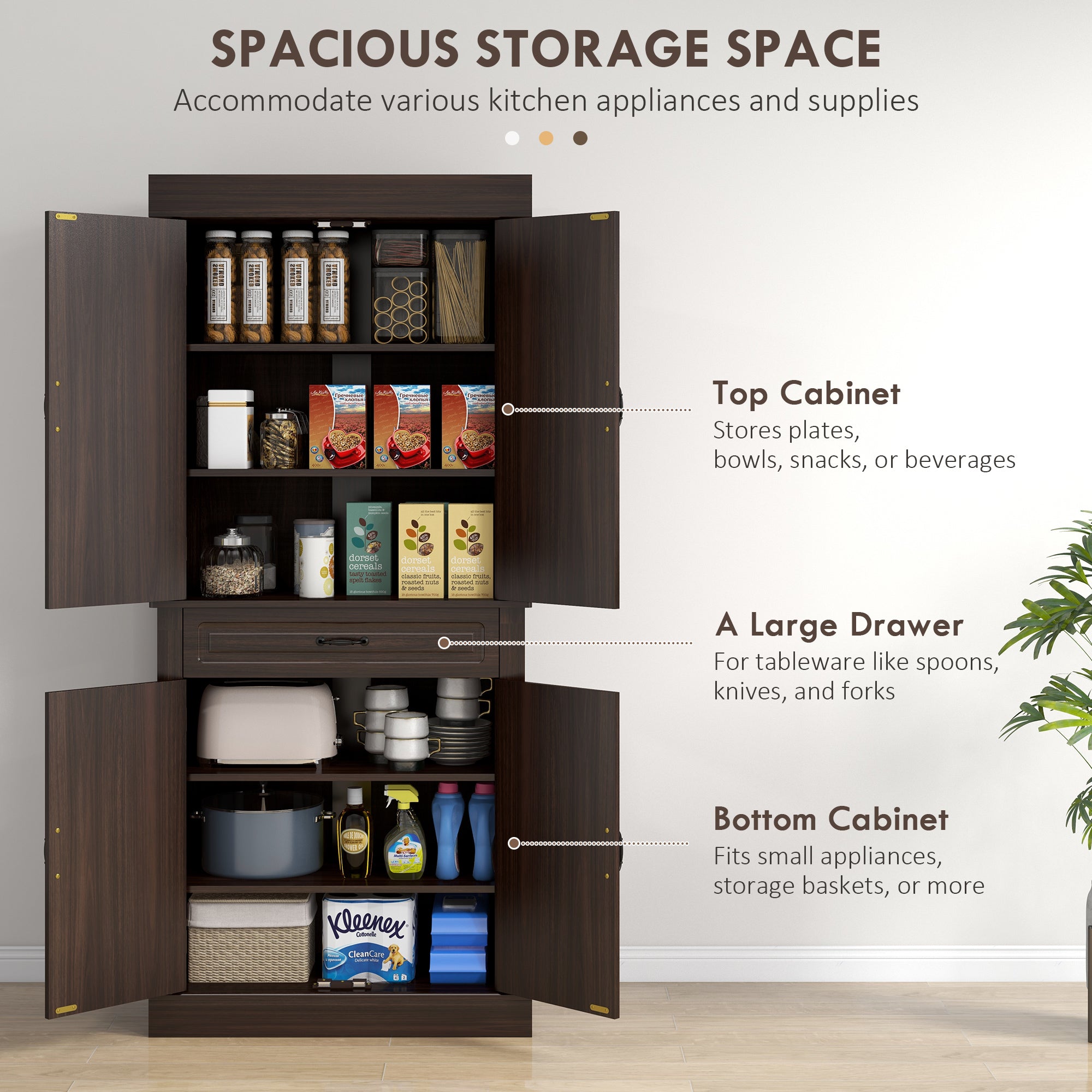71" Freestanding Kitchen Pantry with 4 Doors and 2 Large Cabinets, Tall Storage Cabinet with Drawer, Coffee