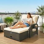 Patio Rattan Daybed, Wicker Outdoor Daybed with Storage Ottoman, Loveseat w/ Adjustable Backrest, Beige