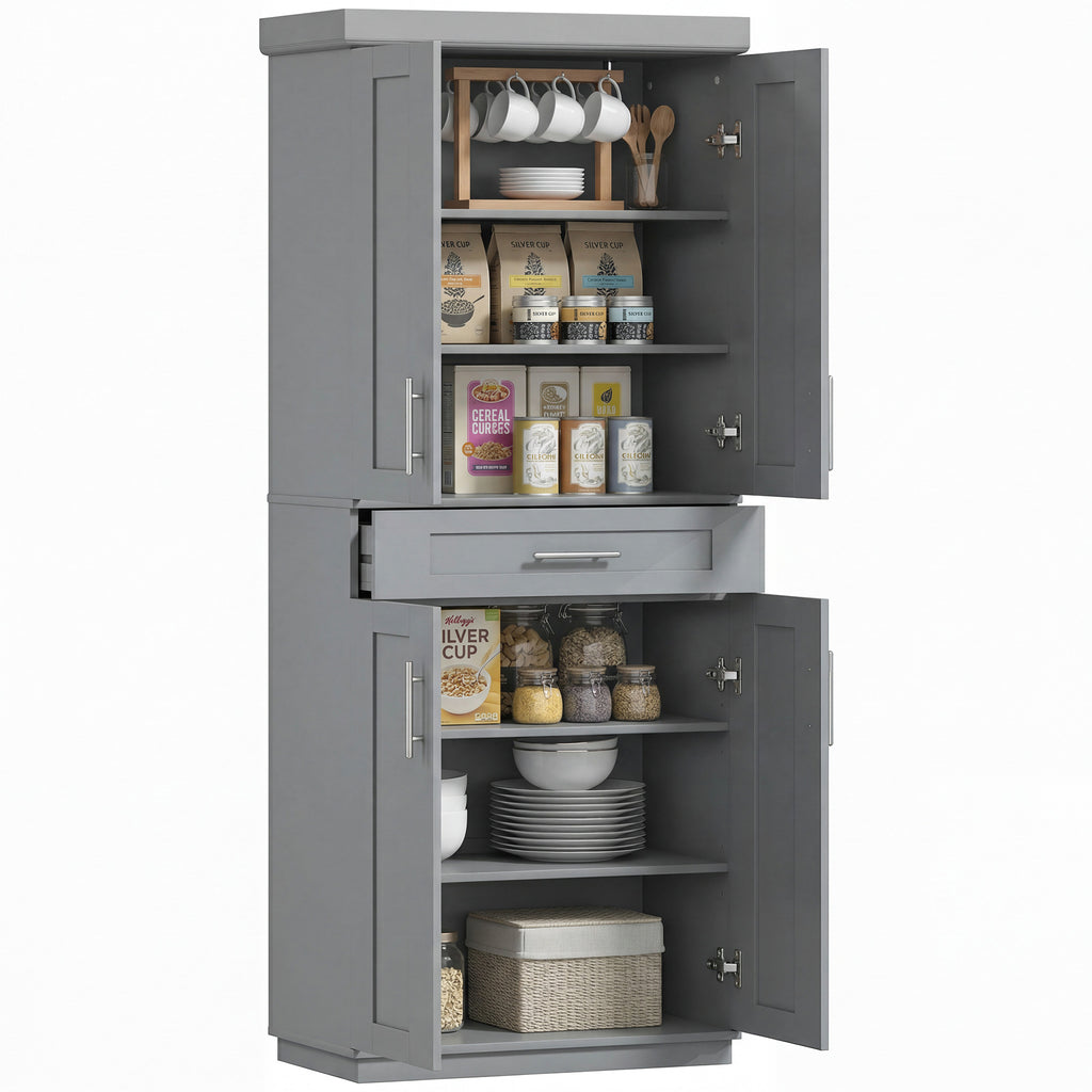 Modern Kitchen Pantry Freestanding Cabinet Cupboard with Doors and Drawer, Adjustable Shelving, Gray