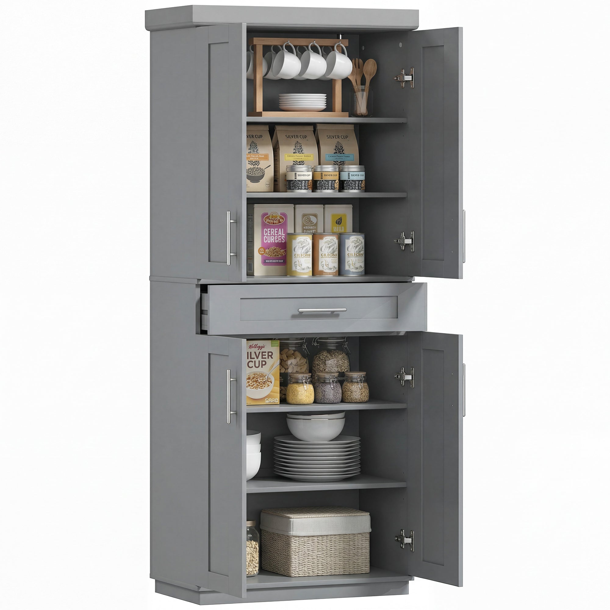 Modern Kitchen Pantry Freestanding Cabinet Cupboard with Doors and Drawer, Adjustable Shelving, Gray