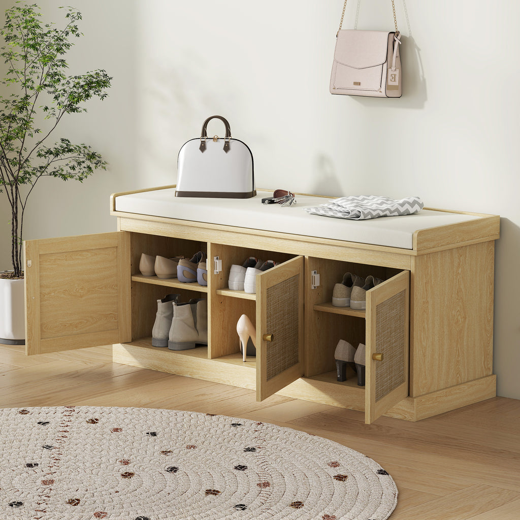 Shoe Storage Bench with Woven Rattan Doors, Shoe Bench with Cushion, Adjustable Shelves, Entryway Bench, Oak Tone