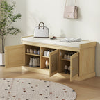 Shoe Storage Bench with Woven Rattan Doors, Shoe Bench with Cushion, Adjustable Shelves, Entryway Bench, Oak Tone