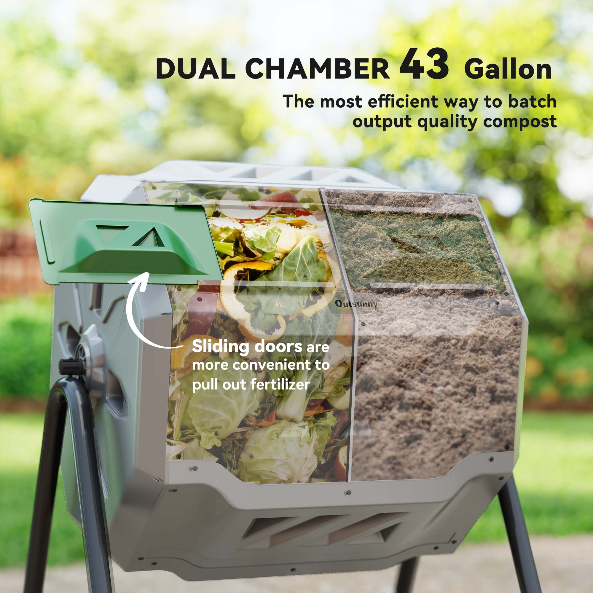 Tumbling Compost Bin Outdoor 360° Dual Chamber Rotating Composter 43 Gallon, Light Gray