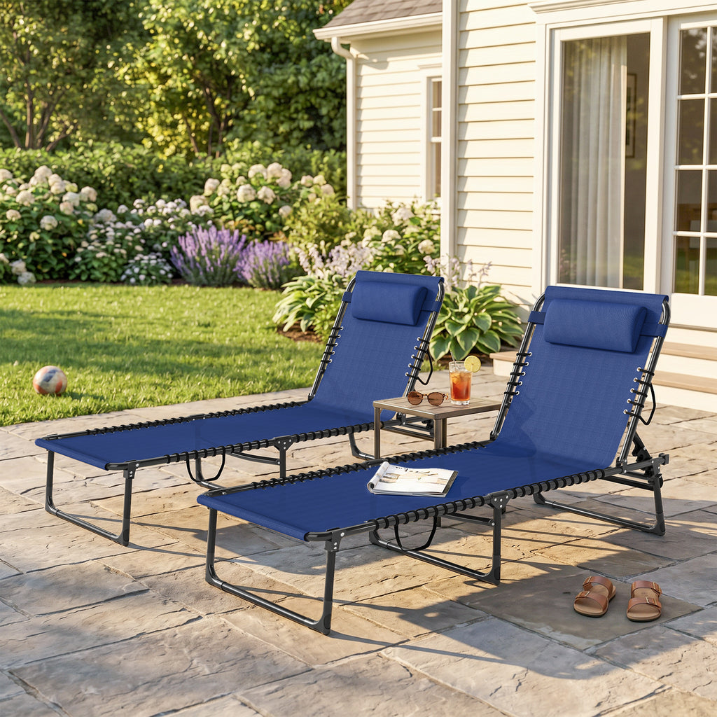 2 Folding Chaise Lounge Pool Chairs with 4-Position Reclining Back, Pillow, Breathable Mesh & Bungee Seat, Blue