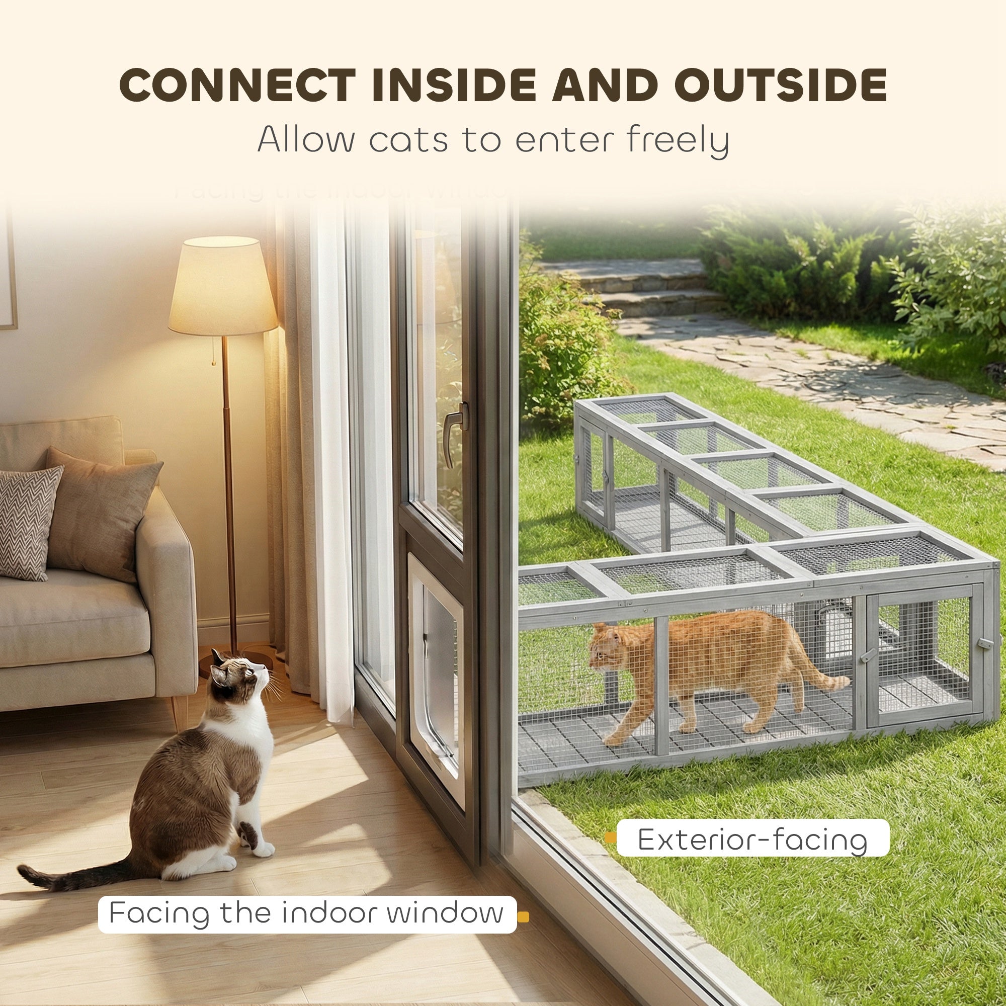 Wooden Cat Run with Weather Protection, Connecting Inside and Outside, 79"L x 15"W x 15"H, Dark Gray