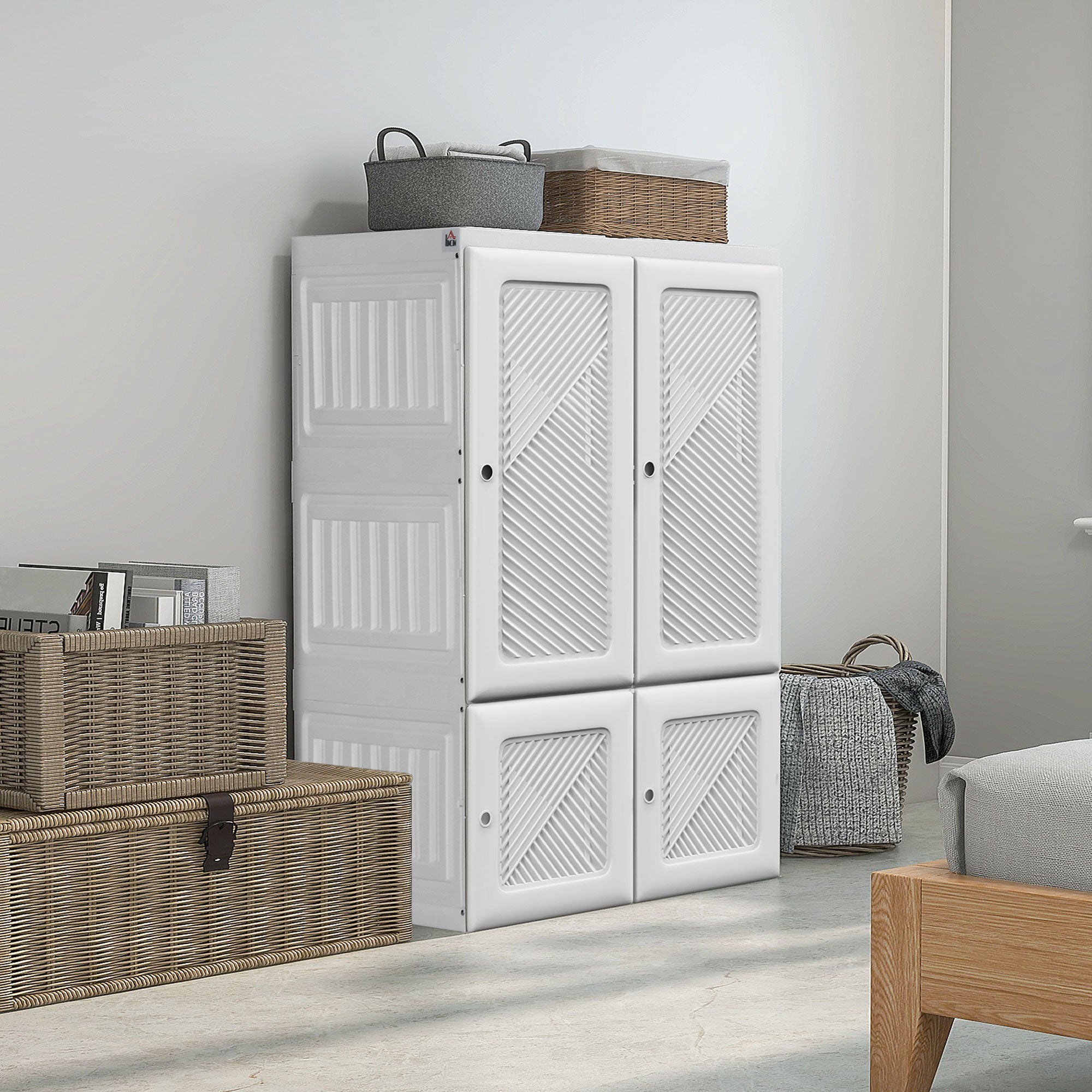 Portable Wardrobe, Foldable Clothes Storage Organizer with 3 Compartments, Hanging Rod, Magnet Doors, White