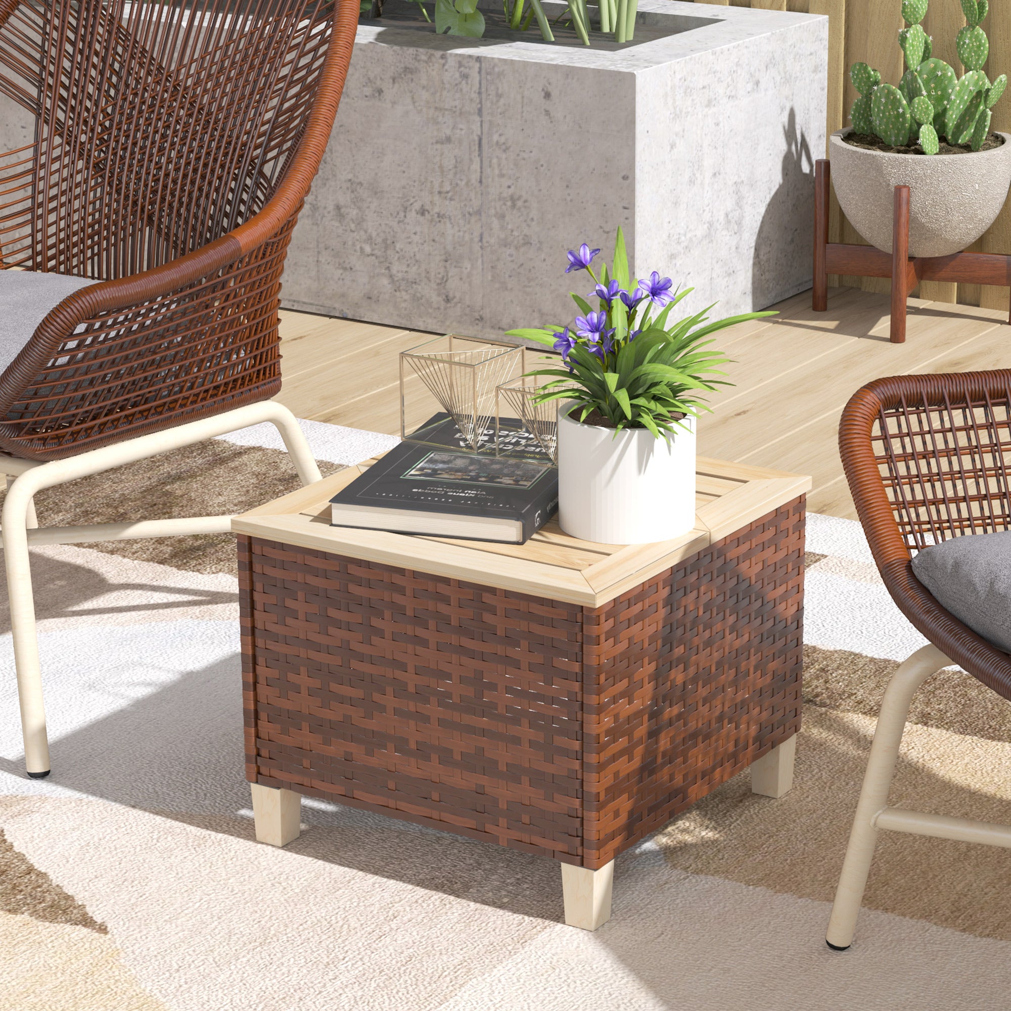 Outdoor Side Table with PE Rattan, Patio End Table with Natural Fir Wood Tabletop and Legs, Weather Resistant Accent Table for Patio Pool Porch, Brown