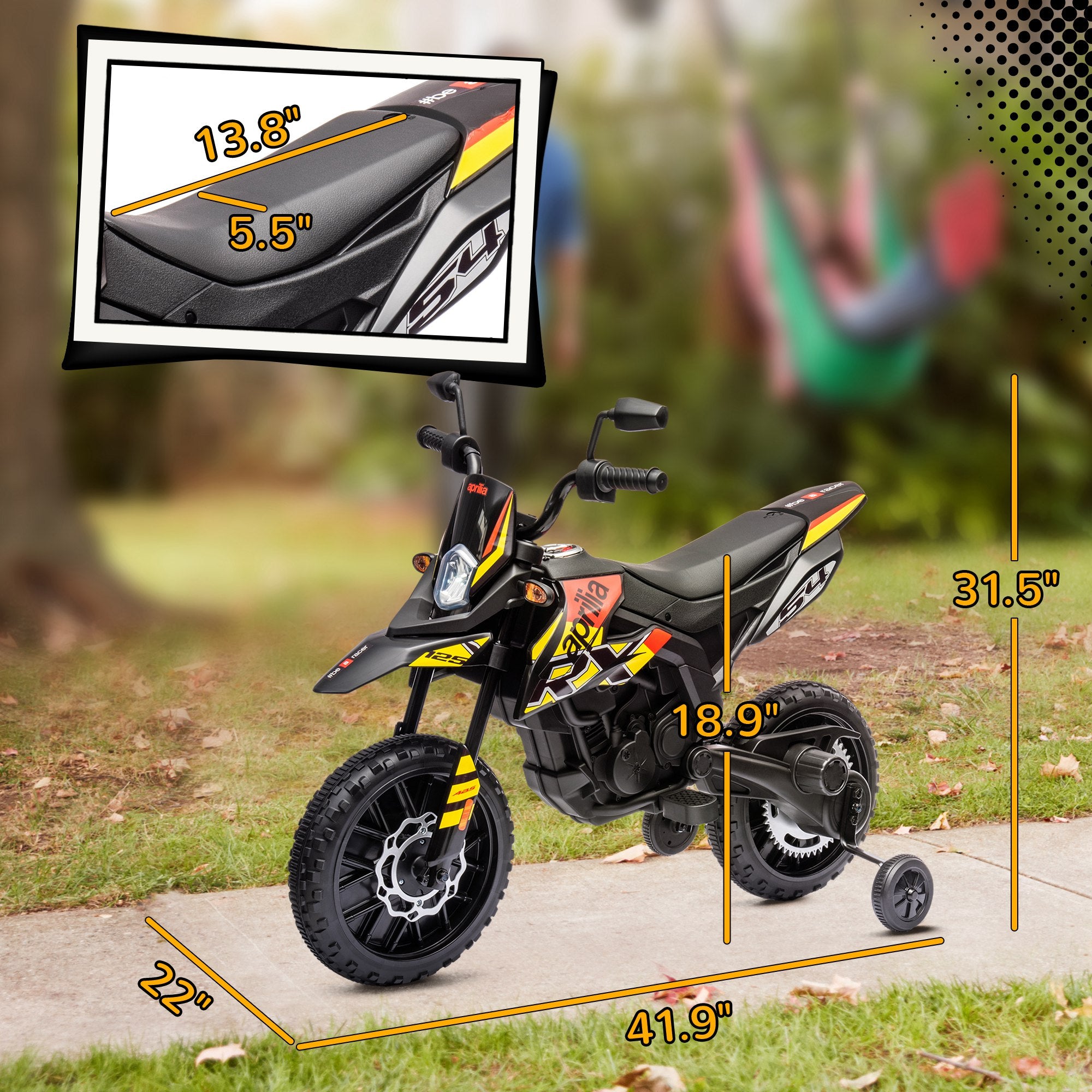 12V Aprilia Licenced Kids Motorcycle with Training Wheels, Spring Suspension, LED Light, USB, Music, Yellow