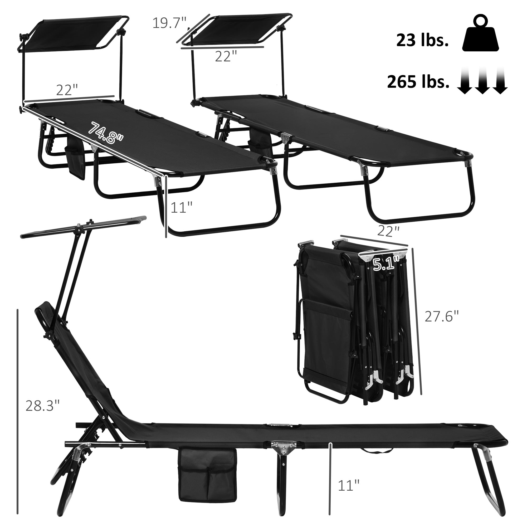 Chaise Pool Lounge Chairs Set of 2, Outdoor Sun Tanning Chairs, Reclining Back, Steel Frame and Side Pocket, Black