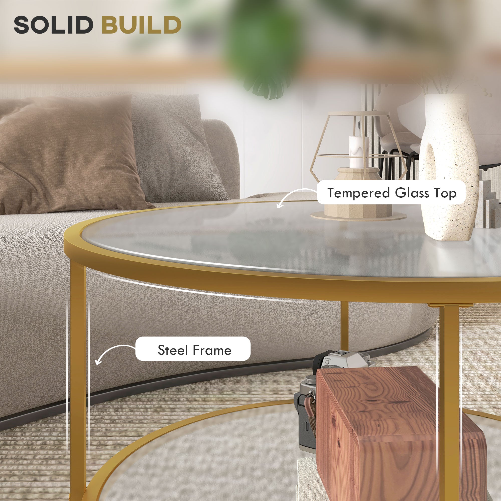 Side Table with Storage, 26" Round End Table, 2-Tier Tempered Glass Coffee Table with Steel Frame for Living Room, Gold
