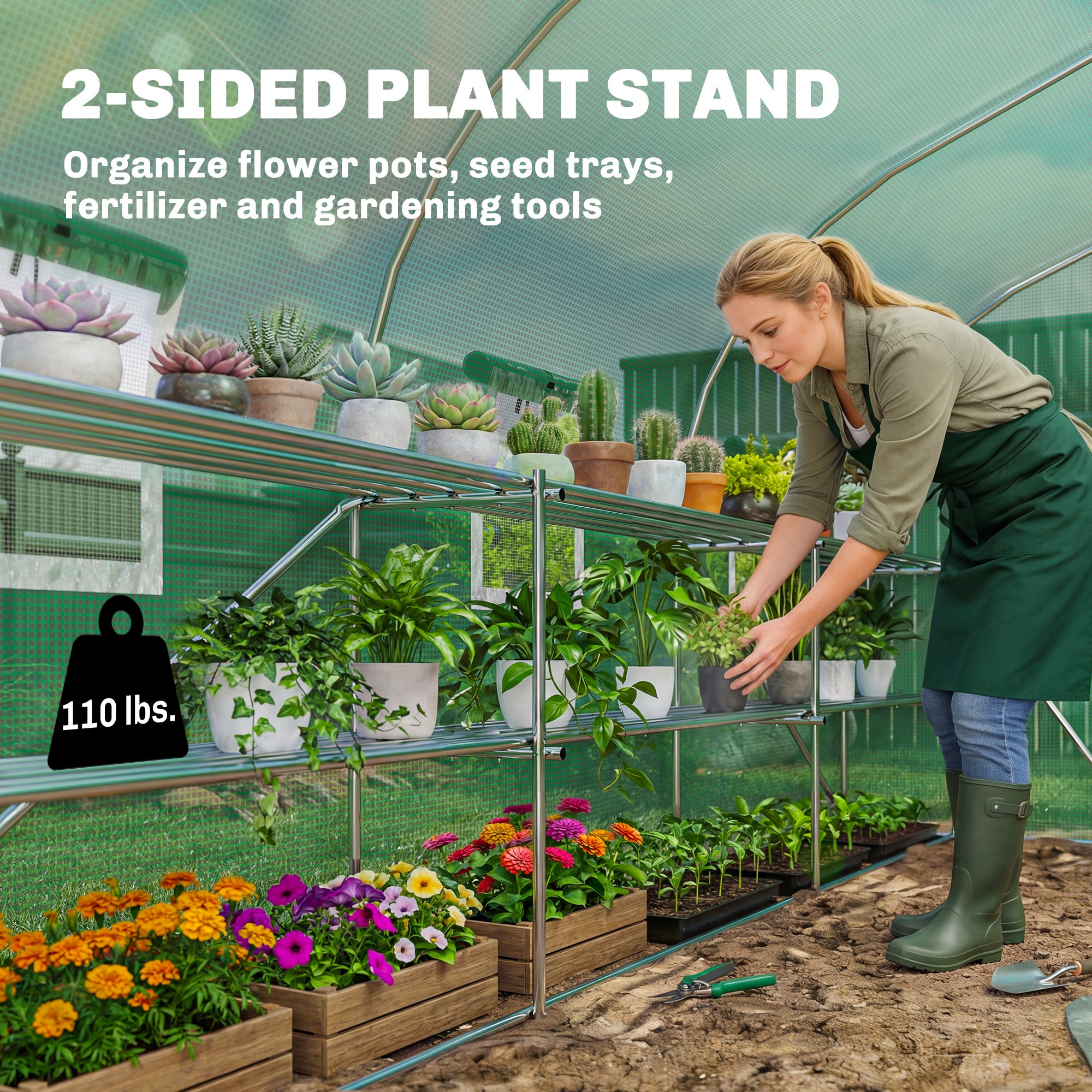 10'x11'x6' Walk-in Tunnel Greenhouse with Shelves, Mesh Door and Windows, Plant Hot House with PE Cover, Green