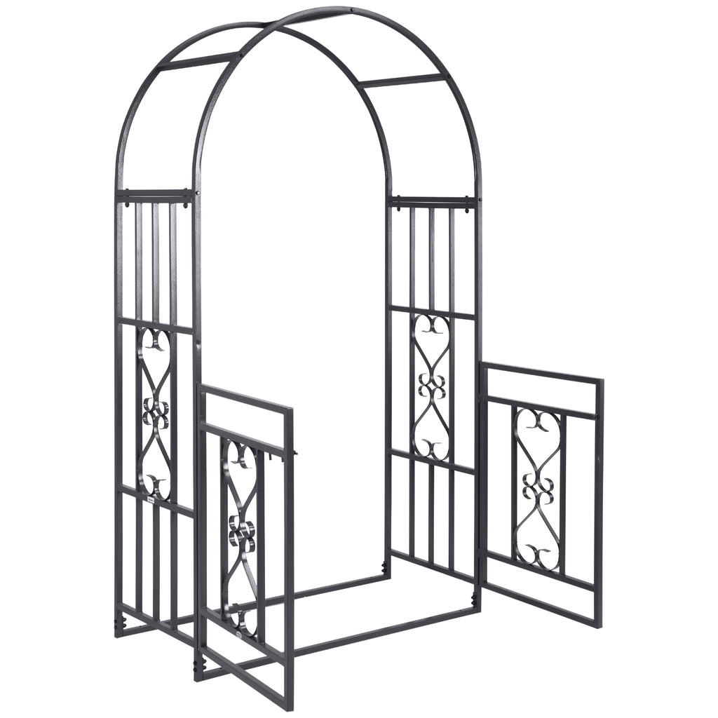 81" Metal Garden Arbor with Double Doors, Locking Gate, Climbing Vine Frame with Heart Motifs, Arch for Wedding, Bridal Party Decoration, Grey