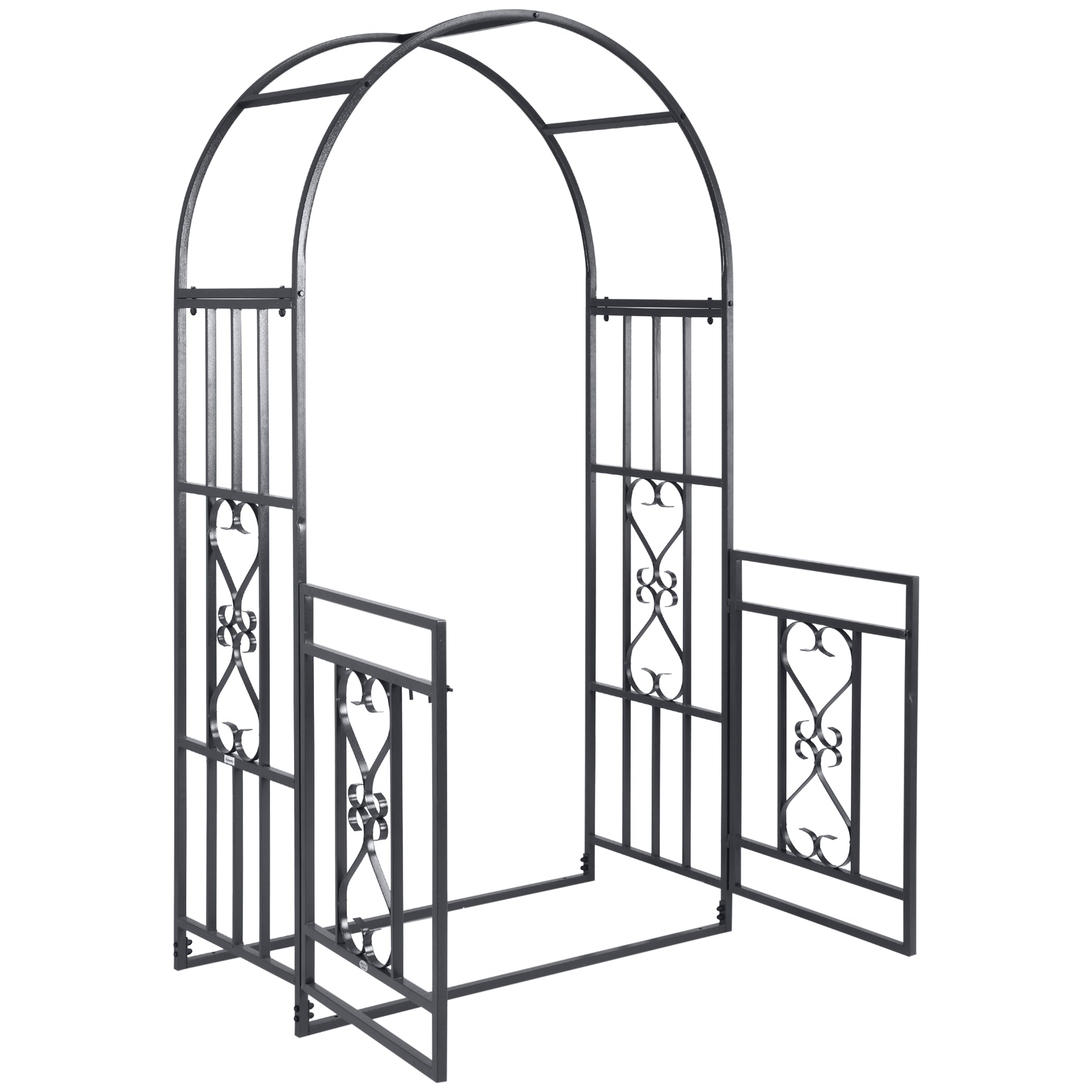 81" Metal Garden Arbor with Double Doors, Locking Gate, Climbing Vine Frame with Heart Motifs, Arch for Wedding, Bridal Party Decoration, Grey