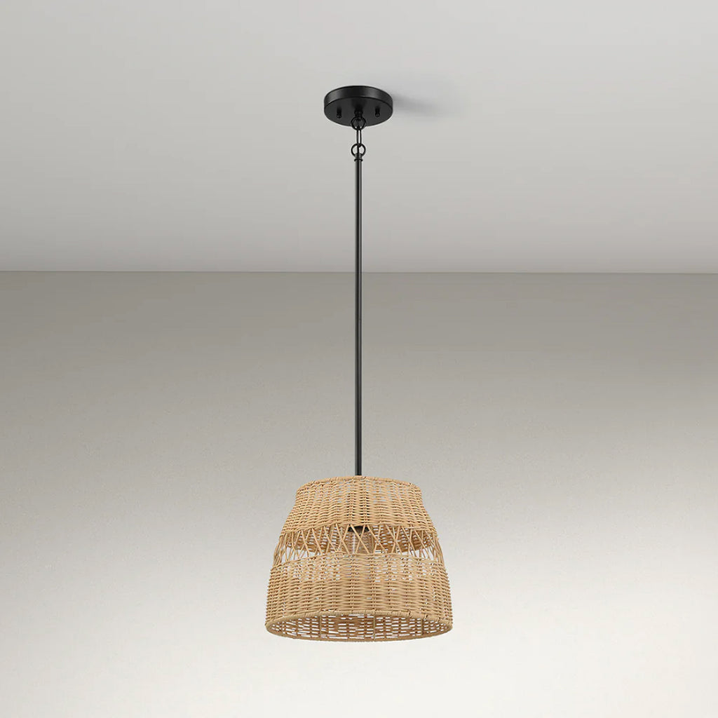 Farmhouse Style Single Light Pendant with Rattan Shade, Black Metal Finish, Ideal for Homer Decor, 12" L x 12" W x 10" H, Black