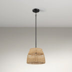 Farmhouse Style Single Light Pendant with Rattan Shade, Black Metal Finish, Ideal for Homer Decor, 12" L x 12" W x 10" H, Black
