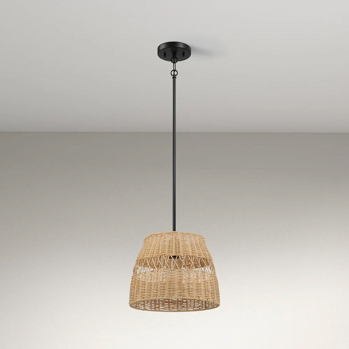 Farmhouse Style Single Light Pendant with Rattan Shade, Black Metal Finish, Ideal for Homer Decor, 12" L x 12" W x 10" H, Black