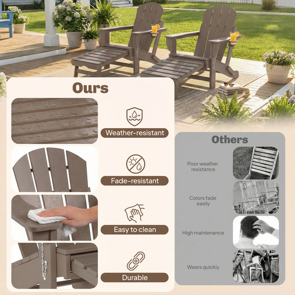 Folding Adirondack Chair Set of 2, HDPE Fire Pit Chair with Retractable Ottoman and Cup Holder, Brown