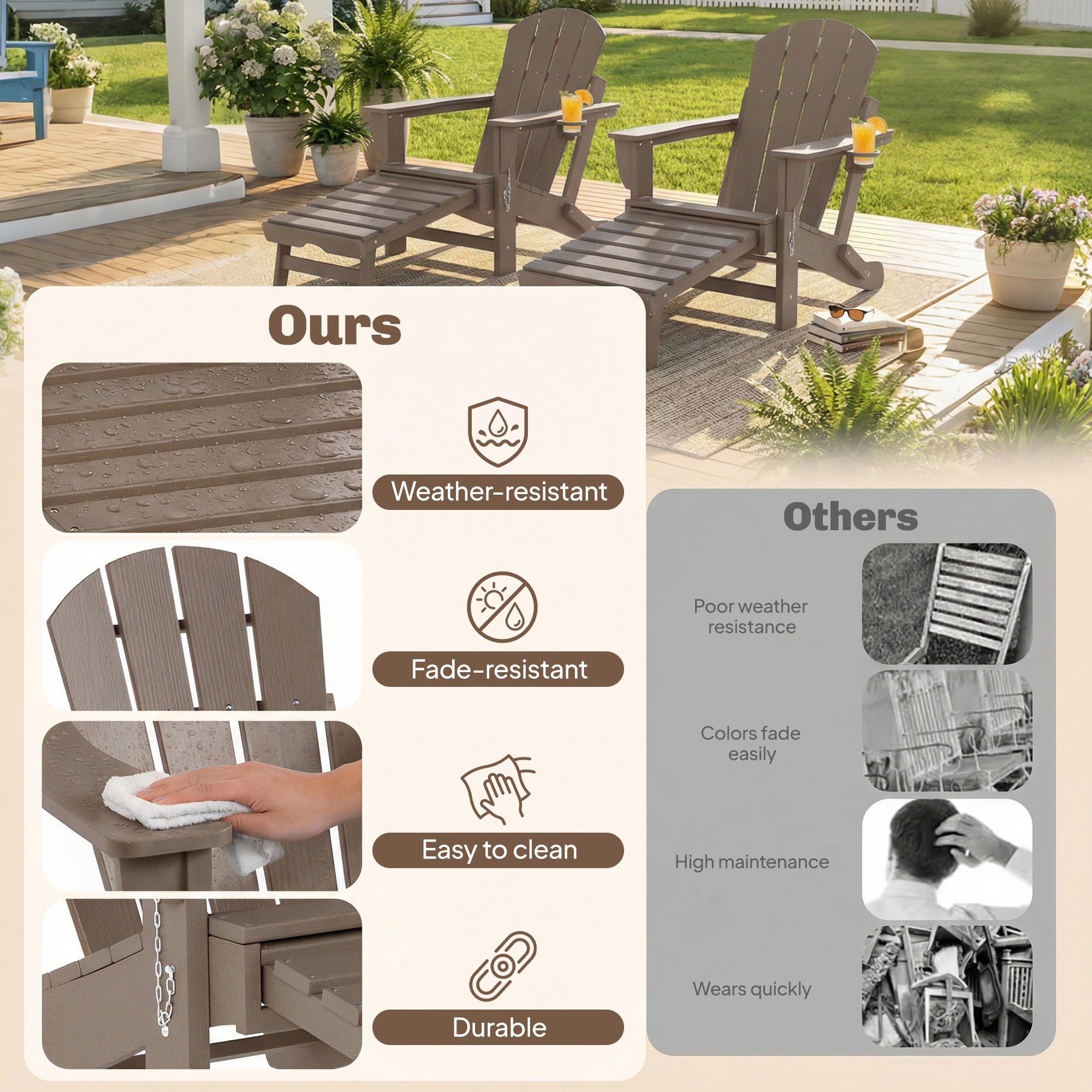 Folding Adirondack Chair Set of 2, HDPE Fire Pit Chair with Retractable Ottoman and Cup Holder, Brown