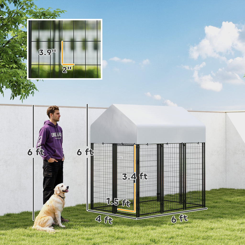 Outdoor Dog Kennel with Roof, 6' x 4' x 6' Heavy Duty Welded Wire Dog Playpen Enclosure with Escape-proof Lock