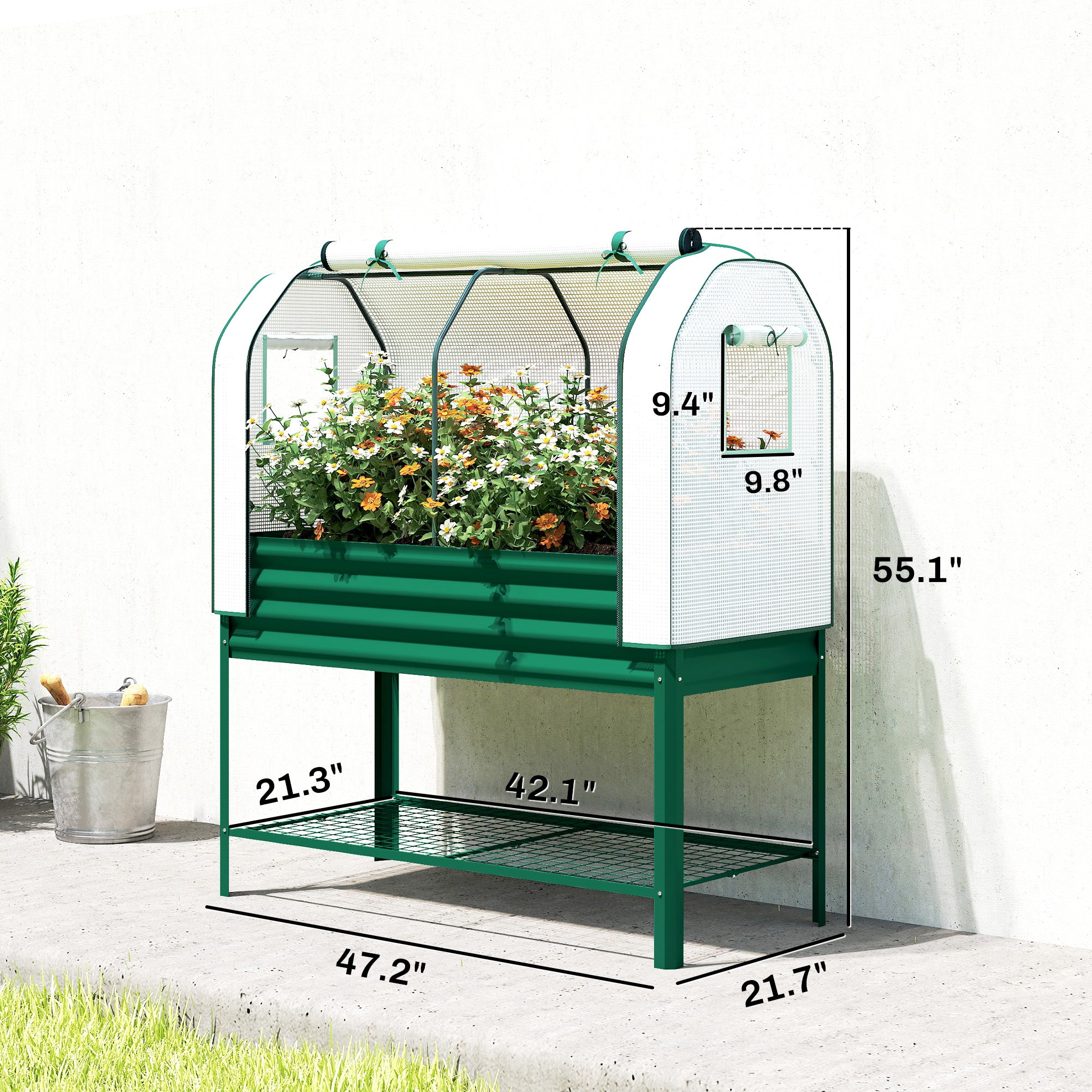 Galvanised Raised Garden Bed with Greenhouse Cover, Metal Elevated Garden Bed with Bed Liner, Bottom Shelf, Green
