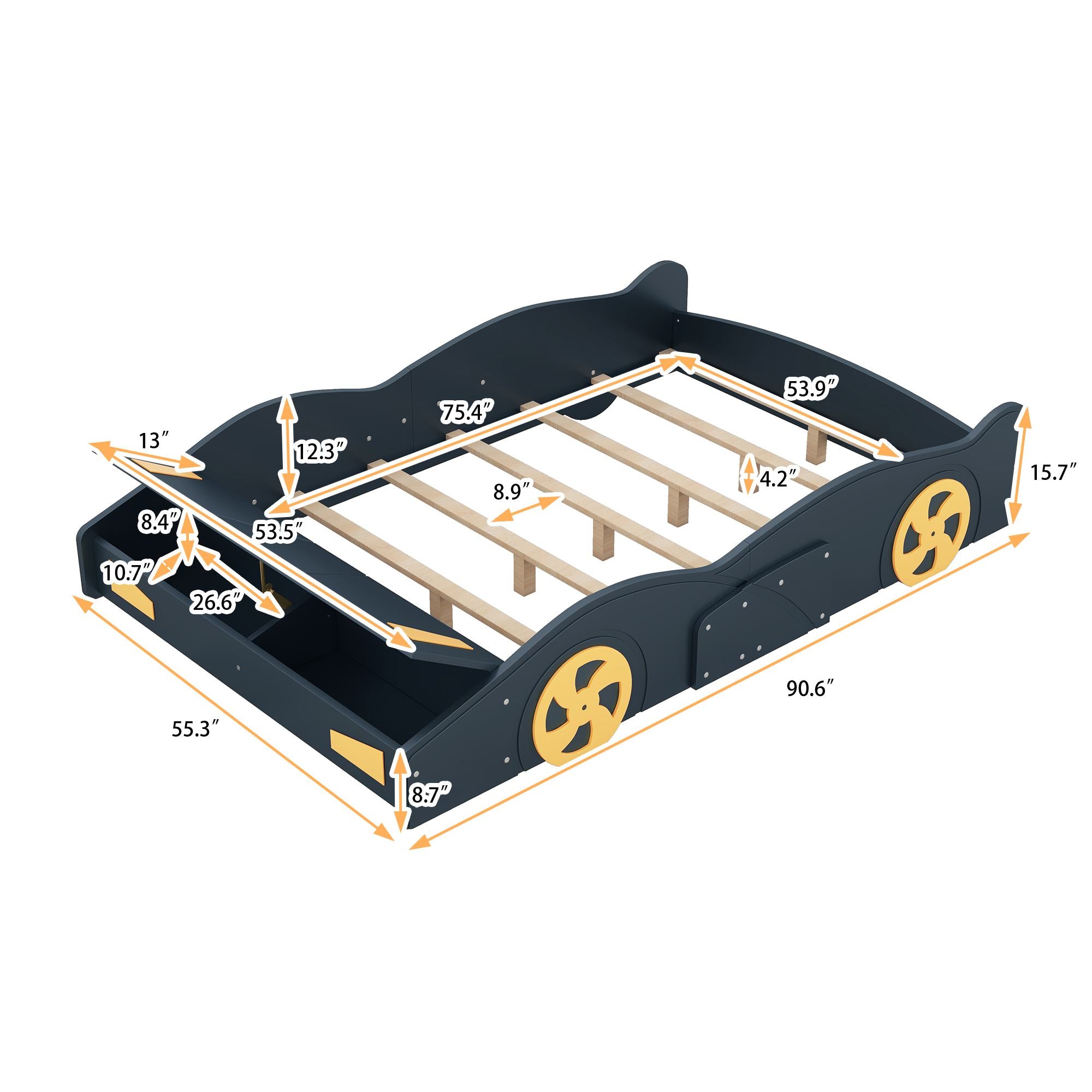 Full Size Race Car-Shaped Platform Bed with Wheels and Storage, Solid Wood and MDF, 90.5" L x 55" W x 15.5" H, Dark Blue
