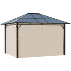 10' x 12' Hardtop Gazebo Canopy with Polycarbonate Roof, Aluminum Frame, Permanent Pavilion Outdoor Gazebo with Curtains for Patio, Garden, Backyard, Deck, Lawn, Dark Brown, Off-White