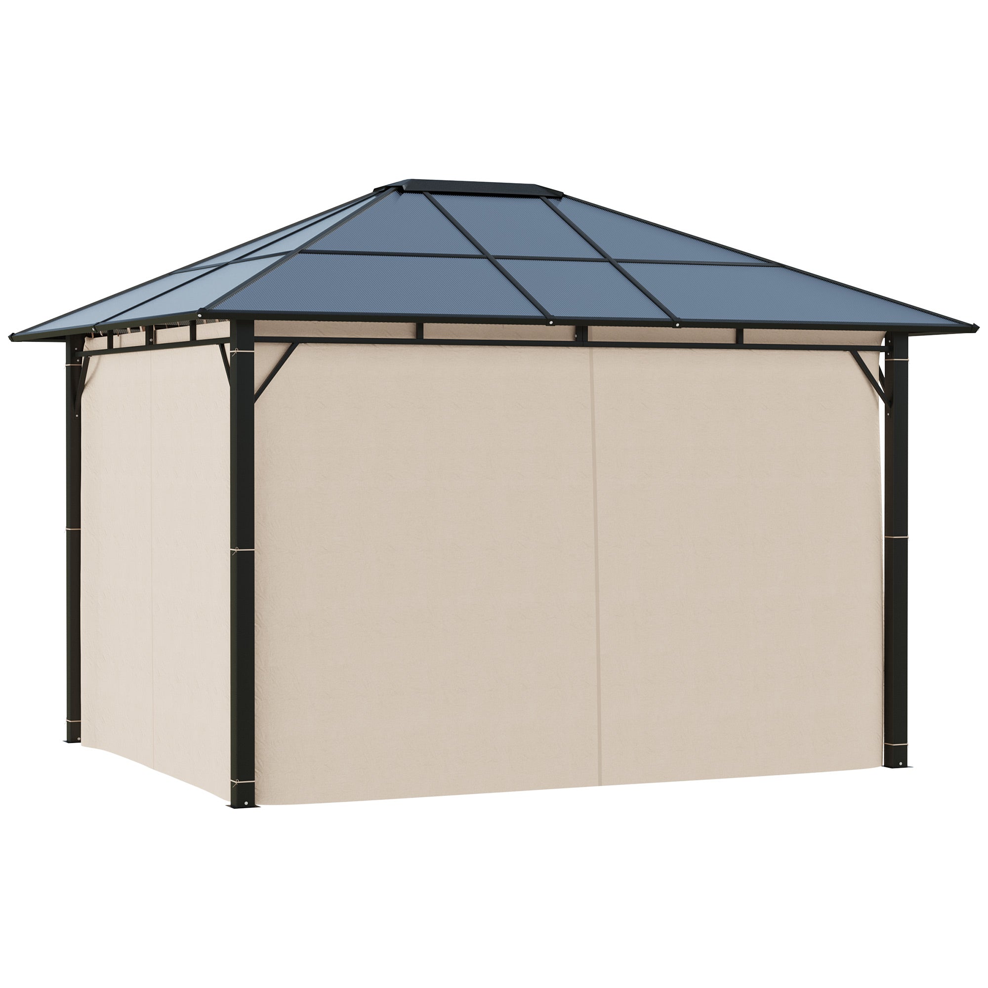 10' x 12' Hardtop Gazebo Canopy with Polycarbonate Roof, Aluminum Frame, Permanent Pavilion Outdoor Gazebo with Curtains for Patio, Garden, Backyard, Deck, Lawn, Dark Brown, Off-White