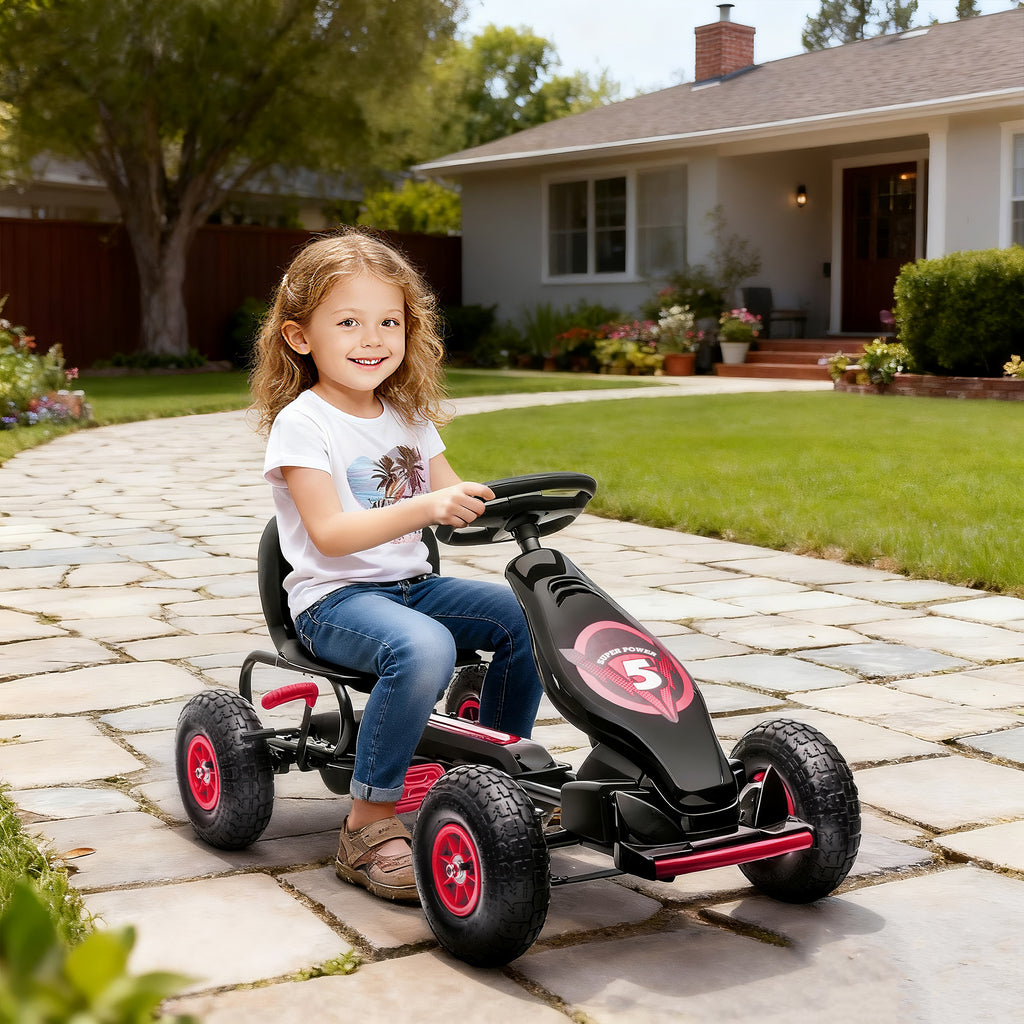 Kids Pedal Go Kart Ride-on Toy with Ergonomic Comfort, Pedal Car with Tough, Wear-Resistant Tread, Go Cart Kids Car for Boys & Girls with Suspension System, Safety Hand Brake, Ages 5-12, Red