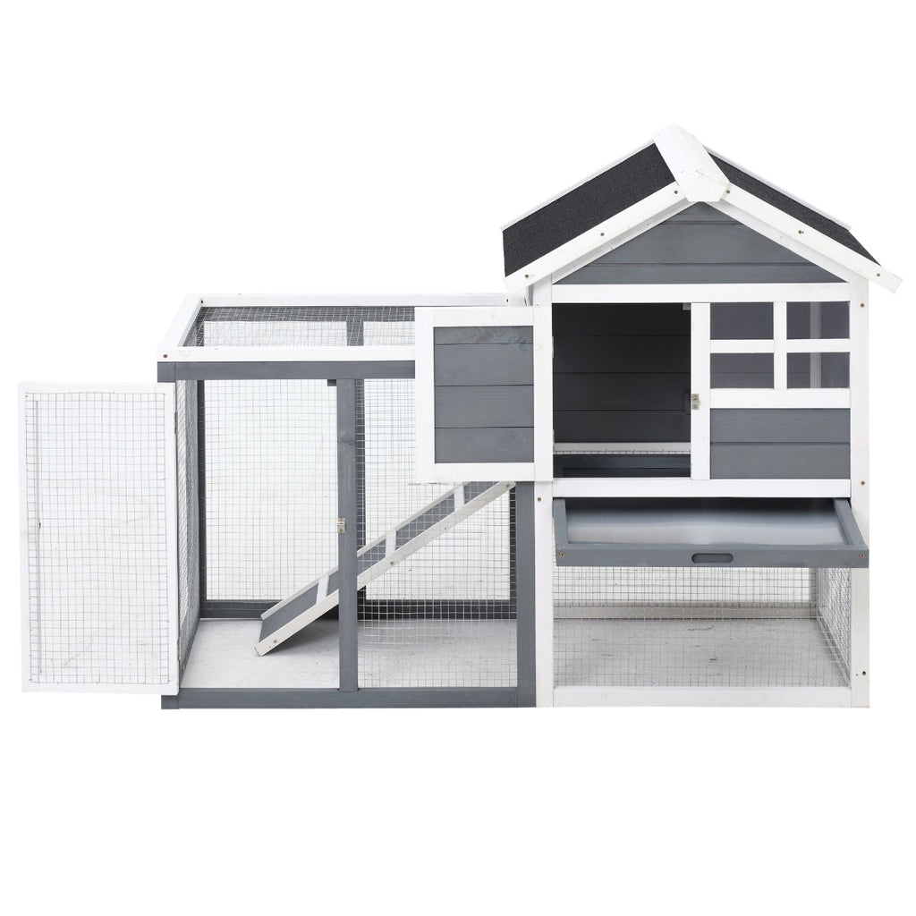 Indoor Rabbit Enclosure, 48" Weatherproof Wooden Rabbit Hutch, with Slanted Asphalt Roof & Fun Outdoor Run for Bunnies & Ferrets - Gray