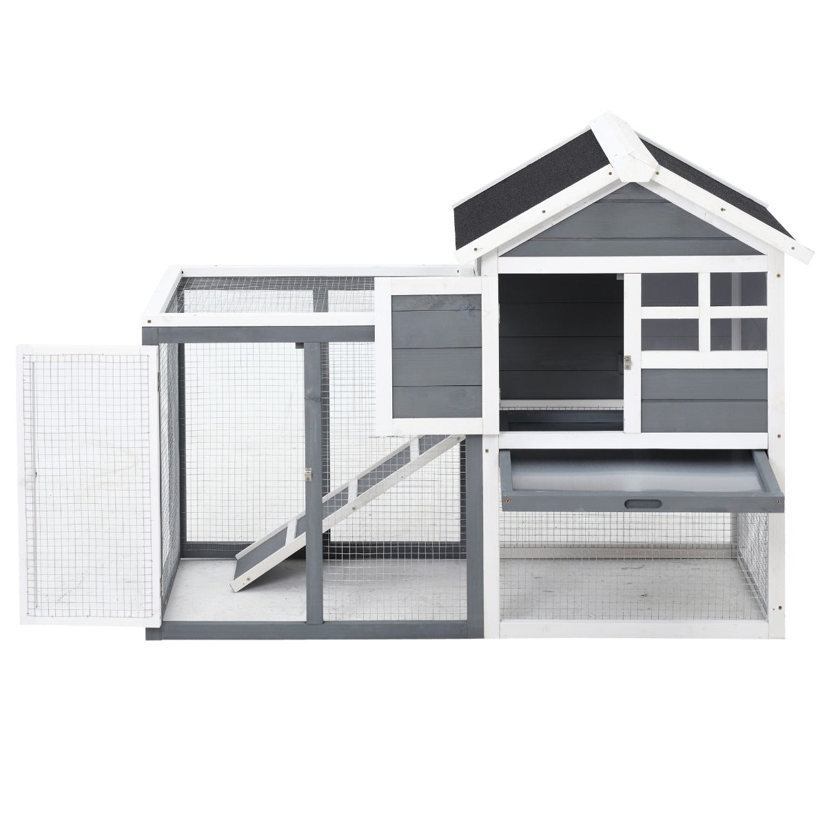 Indoor Rabbit Enclosure, 48" Weatherproof Wooden Rabbit Hutch, with Slanted Asphalt Roof & Fun Outdoor Run for Bunnies & Ferrets - Gray