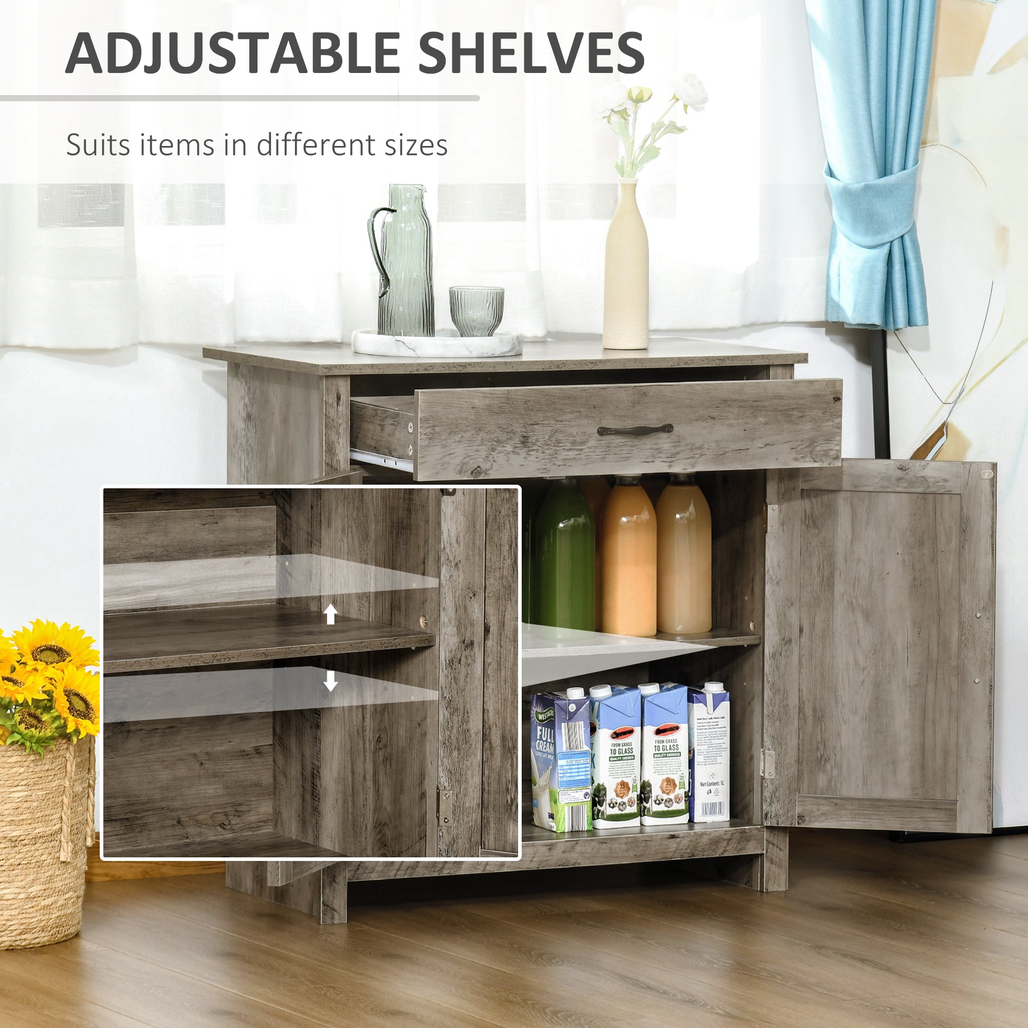 Farmhouse Sideboard Buffet Cabinet, Barn Door Coffee Bar Cabinet with Drawer and Adjustable Shelf for Kitchen, Living Room, Entryway, Gray