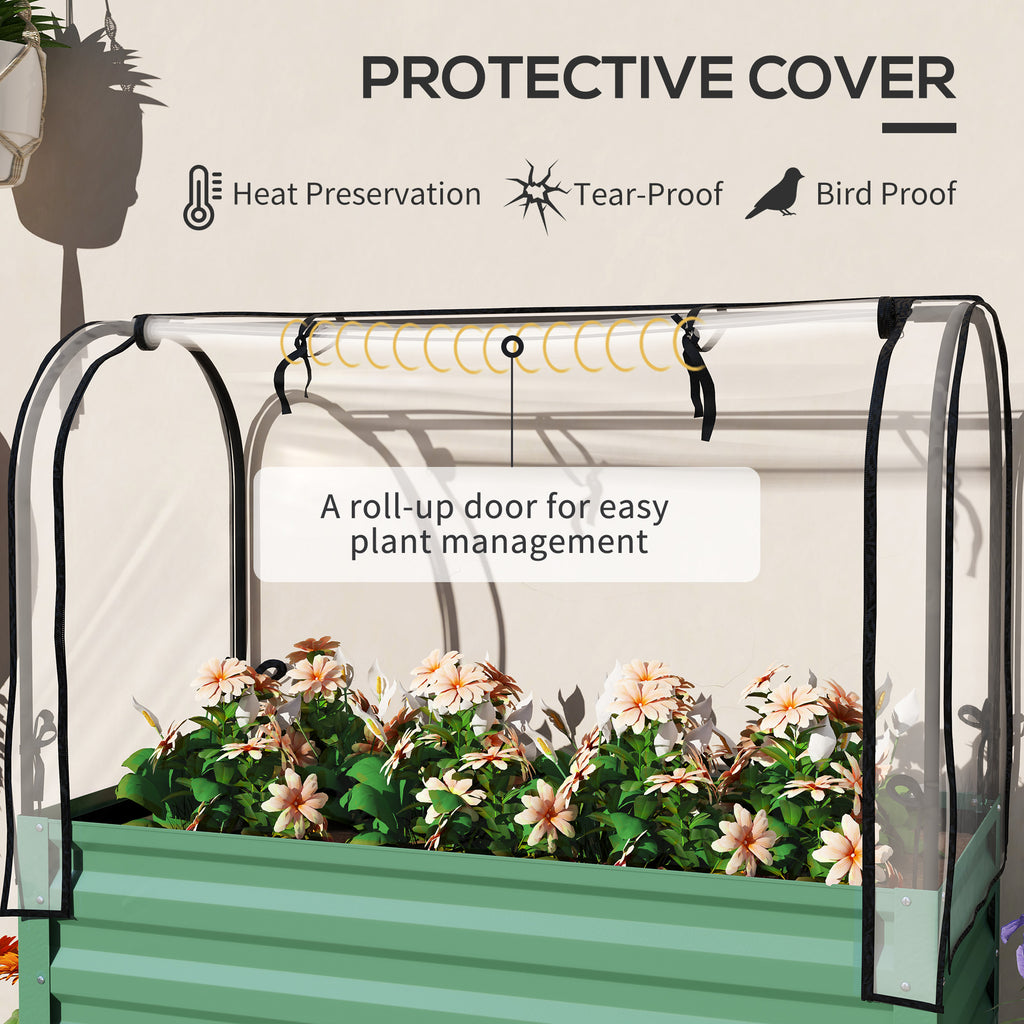 Raised Garden Bed with Legs and Cover, Metal Elevated Planter Box with Bottom Shelf and Liner for Vegetables, Green
