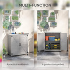 Wooden Storage Cabinet, Outdoor Prep Table with Metal Tabletop, Shelves and Double Doors for Patio, Garden, Gray