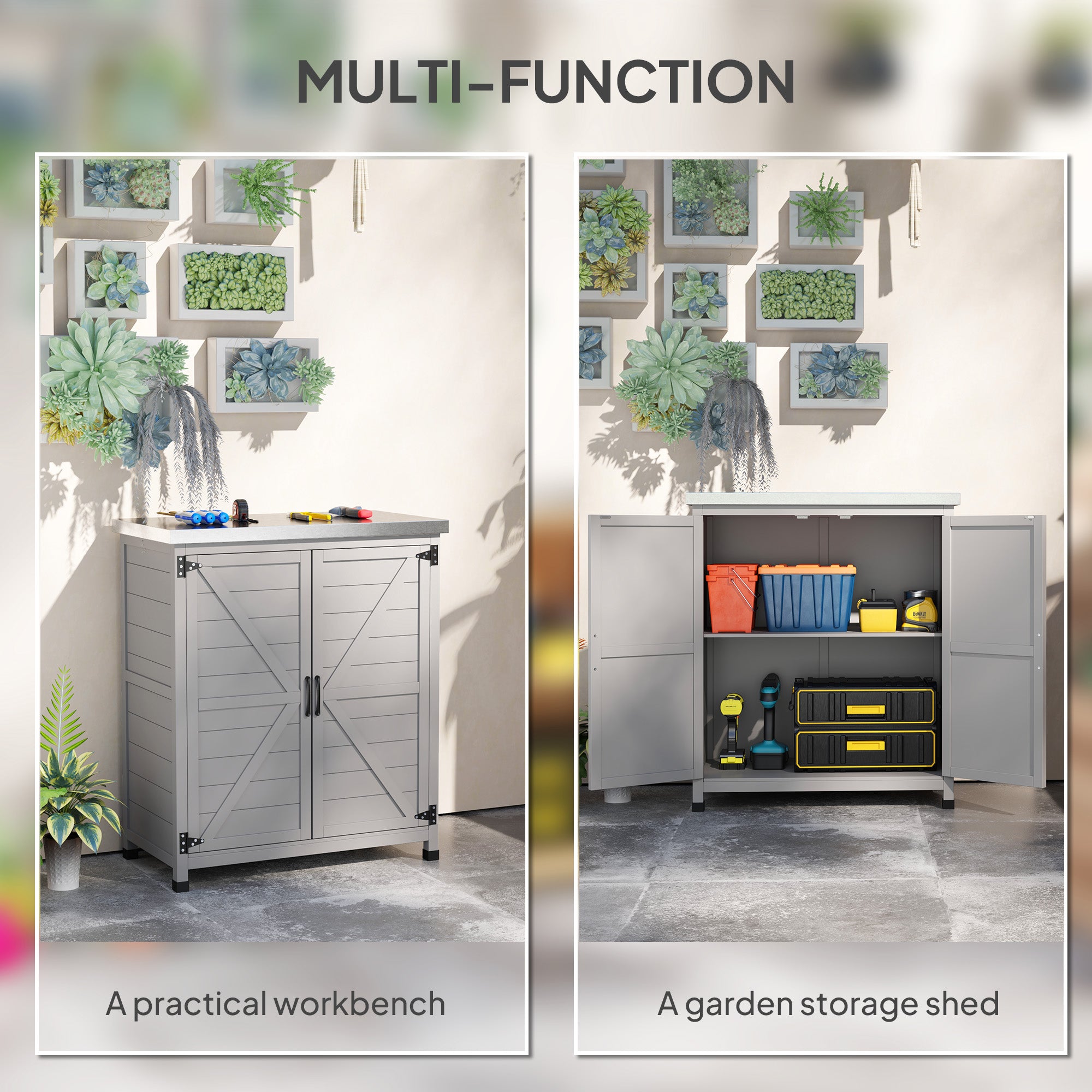 Wooden Storage Cabinet, Outdoor Prep Table with Metal Tabletop, Shelves and Double Doors for Patio, Garden, Gray